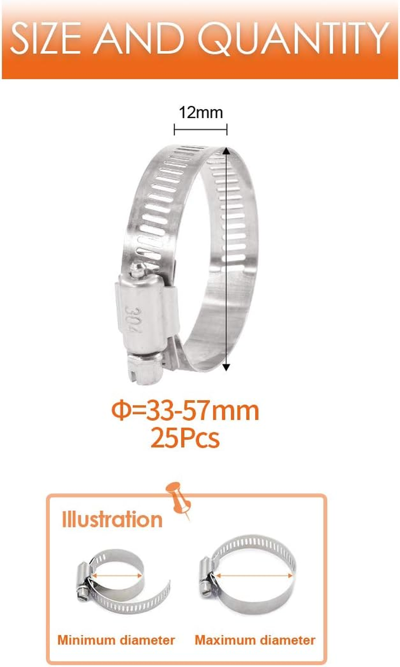 25-Pcs Adjustable [33 to 57Mm] Range Worm Gear Hose Clamp Fuel Line Clamp Assortment Kit for Plumbing - 304 Stainless Steel image number 6