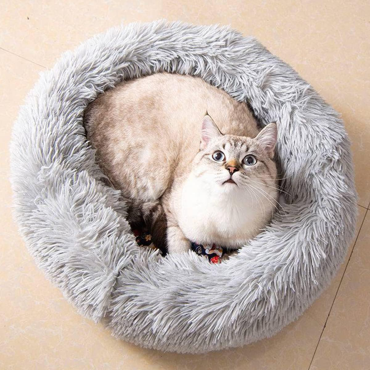 Donut Cat Bed, Faux Plush Dog Beds for Medium Small Dogs - Self Warming Indoor round Pillow Cuddle Washable Dog Bed Cat Bed Diameter16In