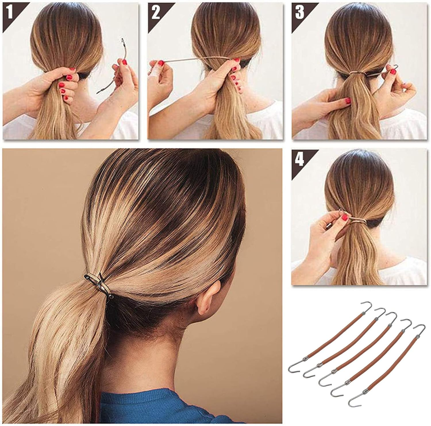 Hair Tie Hook, 10Pcs Professional Elastic Style Ponytail Holder Hook Safe for Women for Office Work (Brown) image number 4