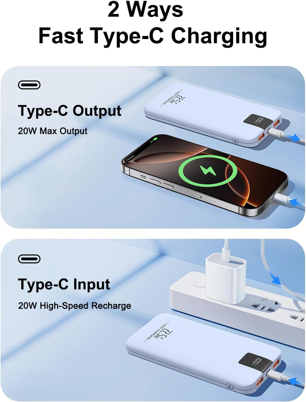 Portable Charger 10000Mah 22.5W Power Bank, Fast Charging External Battery Pack with 3 Outputs & 2 Input, Type-C In/Out, LCD Display Slim Portable Phone Charger for Smartphone, Tablets (Blue) image number 1