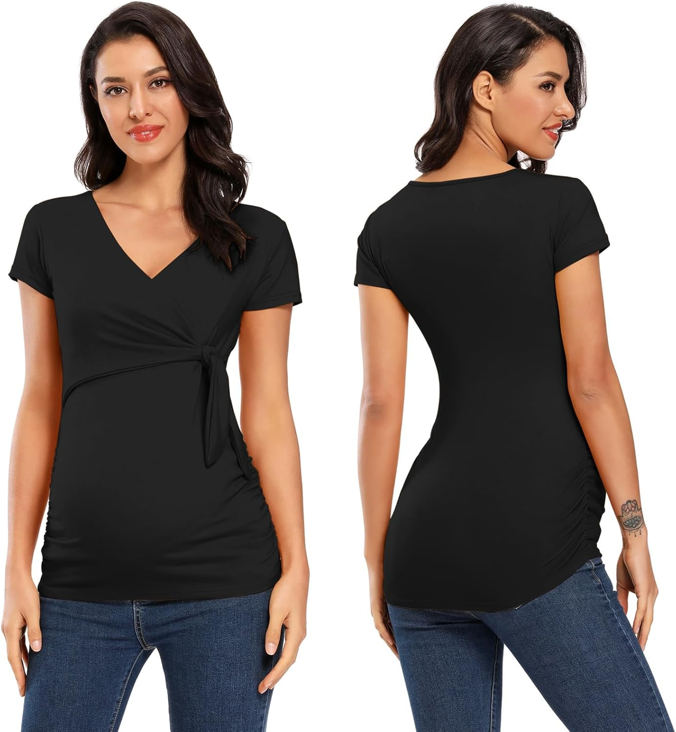 Ecavus Women'S Maternity Shirts 3 Packs Short Sleeve Tie Front Wrap Nursing Tops V Neck Pregnancy Clothes