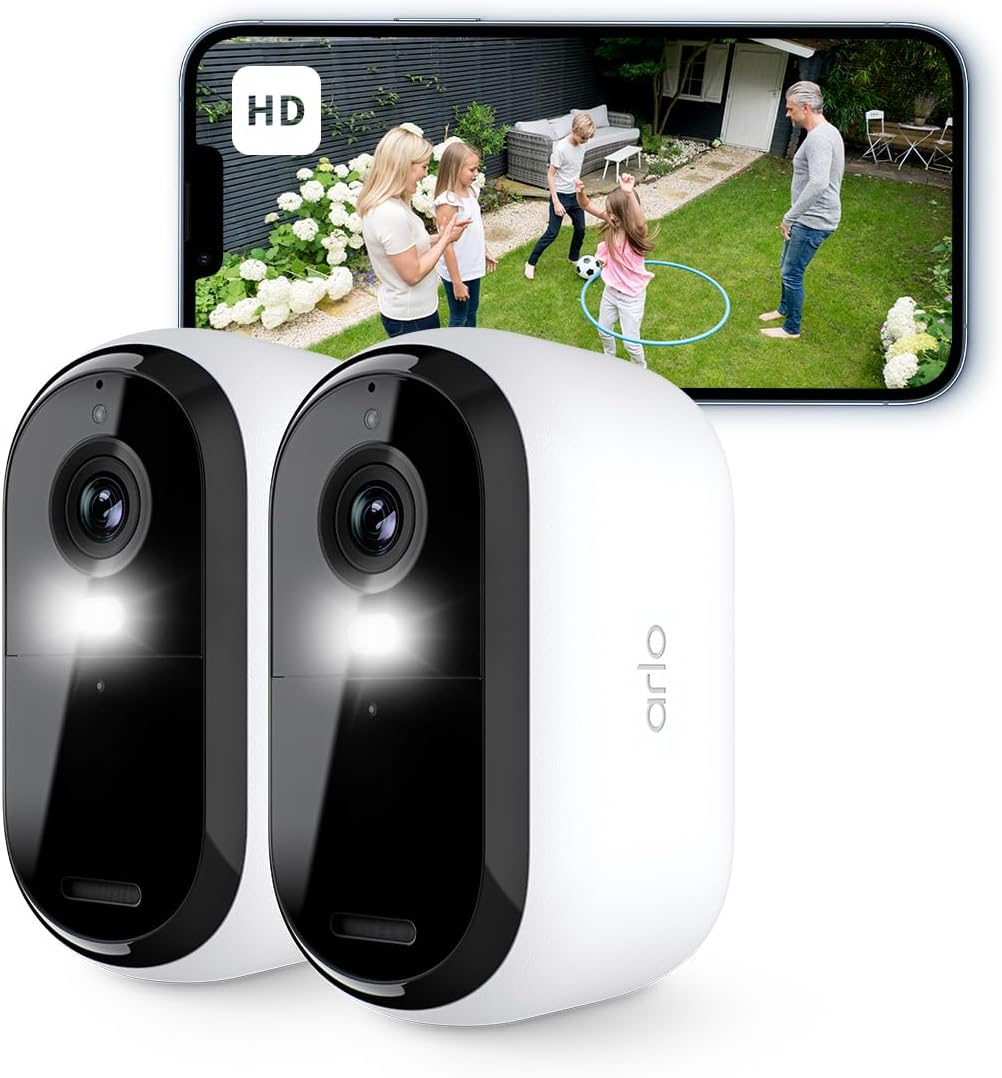 Arlo Essential 2 HD Video Security Camera Outdoor Wireless, Battery Operated Home Camera with Colour Night Vision, Light, Siren, 2 Way Audio & Wifi, Arlo Secure Free Trial, 2 Cameras, White