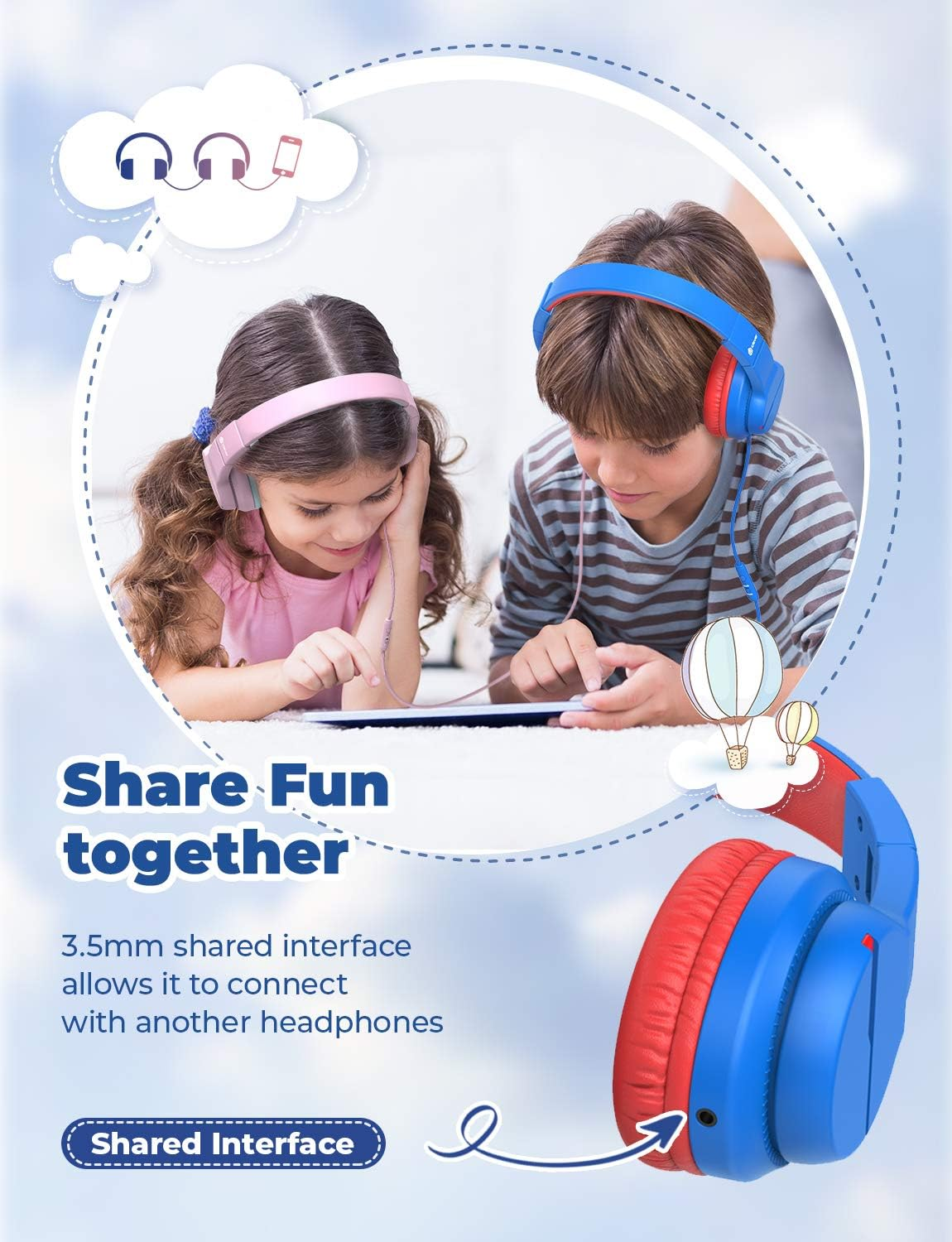 Iclever HS19 Kids Headphones with Microphone for School, Volume Limiter 85/94Db, Over-Ear Girls Boys Headphones for Kids with Shareport, Foldable Wired Headphones for Ipad/Fire Tablet/Travel, Blue image number 5