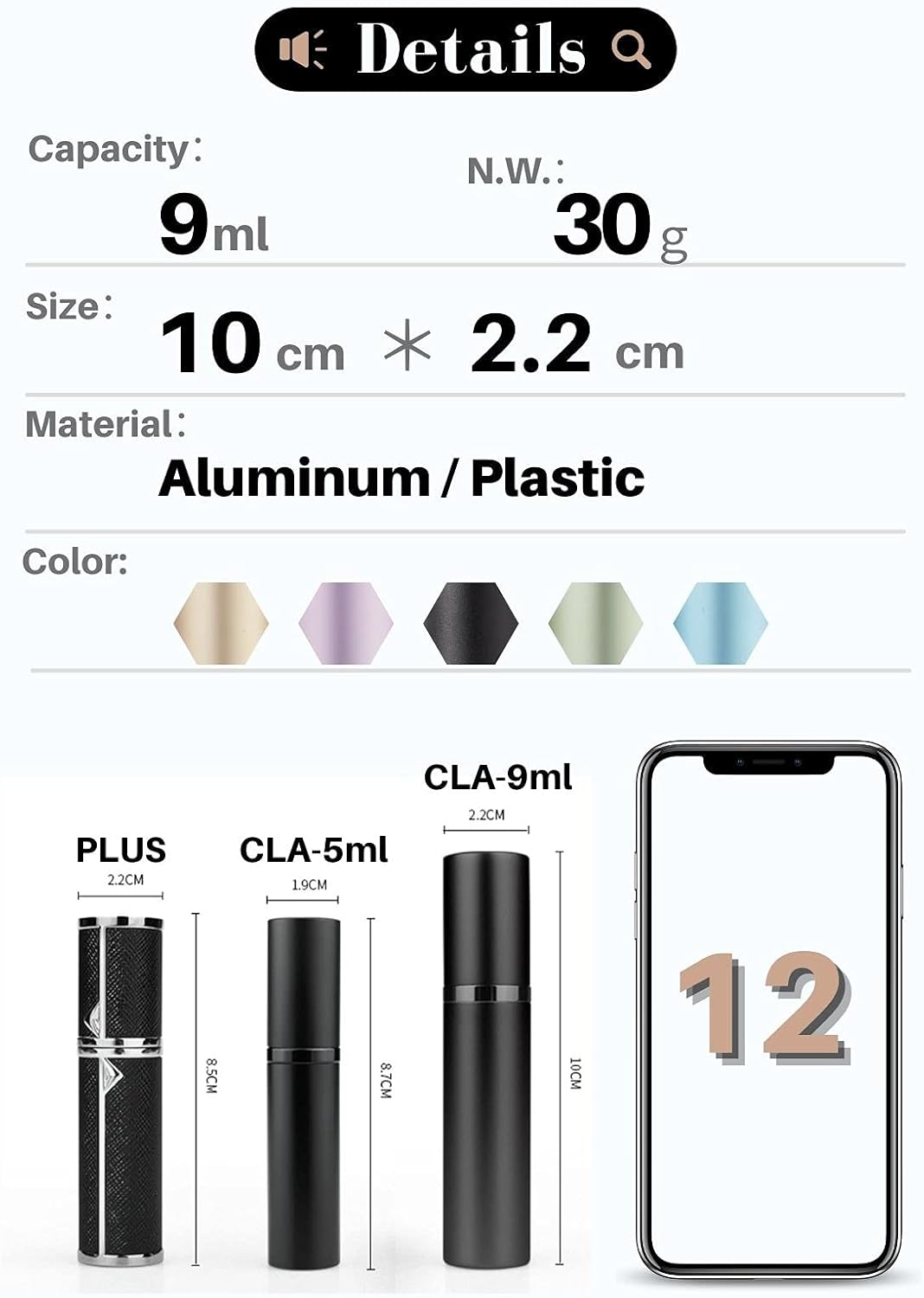 9ML Perfume Atomizer, Refillable & Travel Size Perfume Bottle, Leaking Proof,Bottom Pump without Funnel, Luxurious Small Women and Men(Sky Blue)