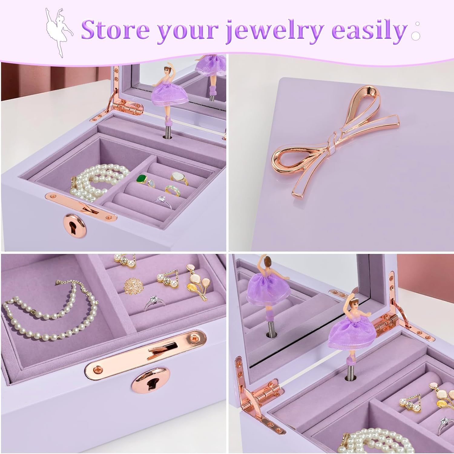 Lihou Papaq Ballerina Musical Jewelry Box -For Girls & Women - Swan Lake Tune, Features Metal Bow, Mirror & Tassel Key - Perfect Gifts for Christmas, Birthdays & Holidays-Purple (Purple-Gloss) - Purple-Matte image number 3