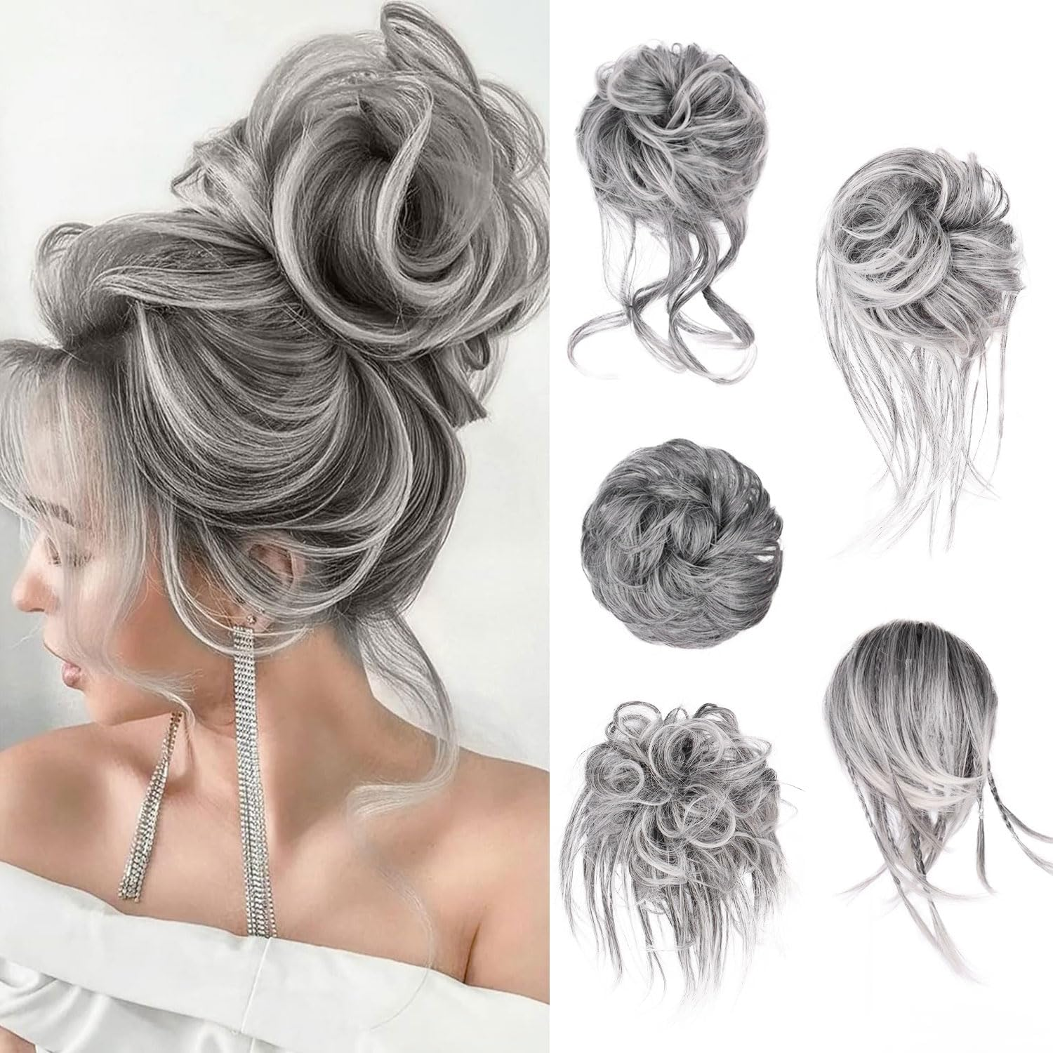 Fulang Hair Pack of 5 Hairpieces with Elastic Band, Large Bun Hairpiece, Wavy Natural Synthetic Hair Scrunchie, Women'S with Hair Updo Hair Extensions, Messy Bun Hairpieces (5 Pieces/Pack) (4/60)