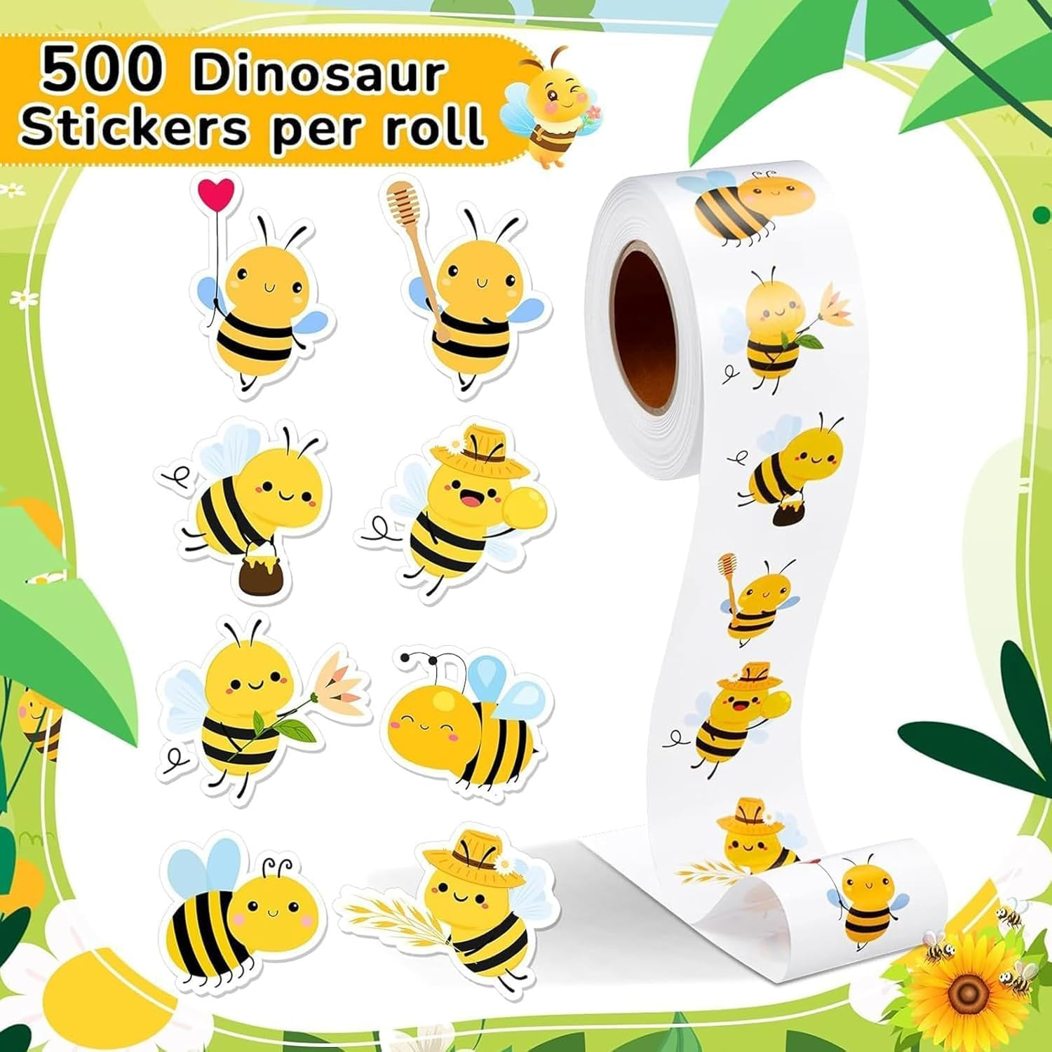 YSHIGUING Pack of 500 Bee Stickers Cartoon Bees Reward Stickers Roll Waterproof Vinyl Stickers Bee Labels Stickers Self-Adhesive Wall Stickers with Animals for Birthday Theme Party Decor image number 2