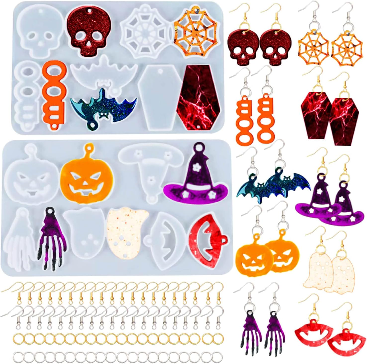 Rifanda 82 PCS Halloween Earring Pendant Resin Molds with Hole, 10 Pairs Halloween Silicone Molds with 40 Earring Hooks Skull Pumpkin Bat Spider Epoxy Resin Jewelry Keychains image number 1
