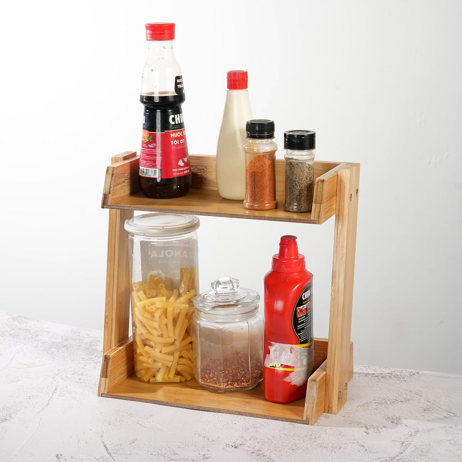 Bamboo 2-Tier Kitchen Countertop Organiser Shelf, Coffee Station Organizer, Bathroom Counter Shelf, Spice Condiment Rack, Multi-Functional Tray Storage Shelf for Office, Home image number 6