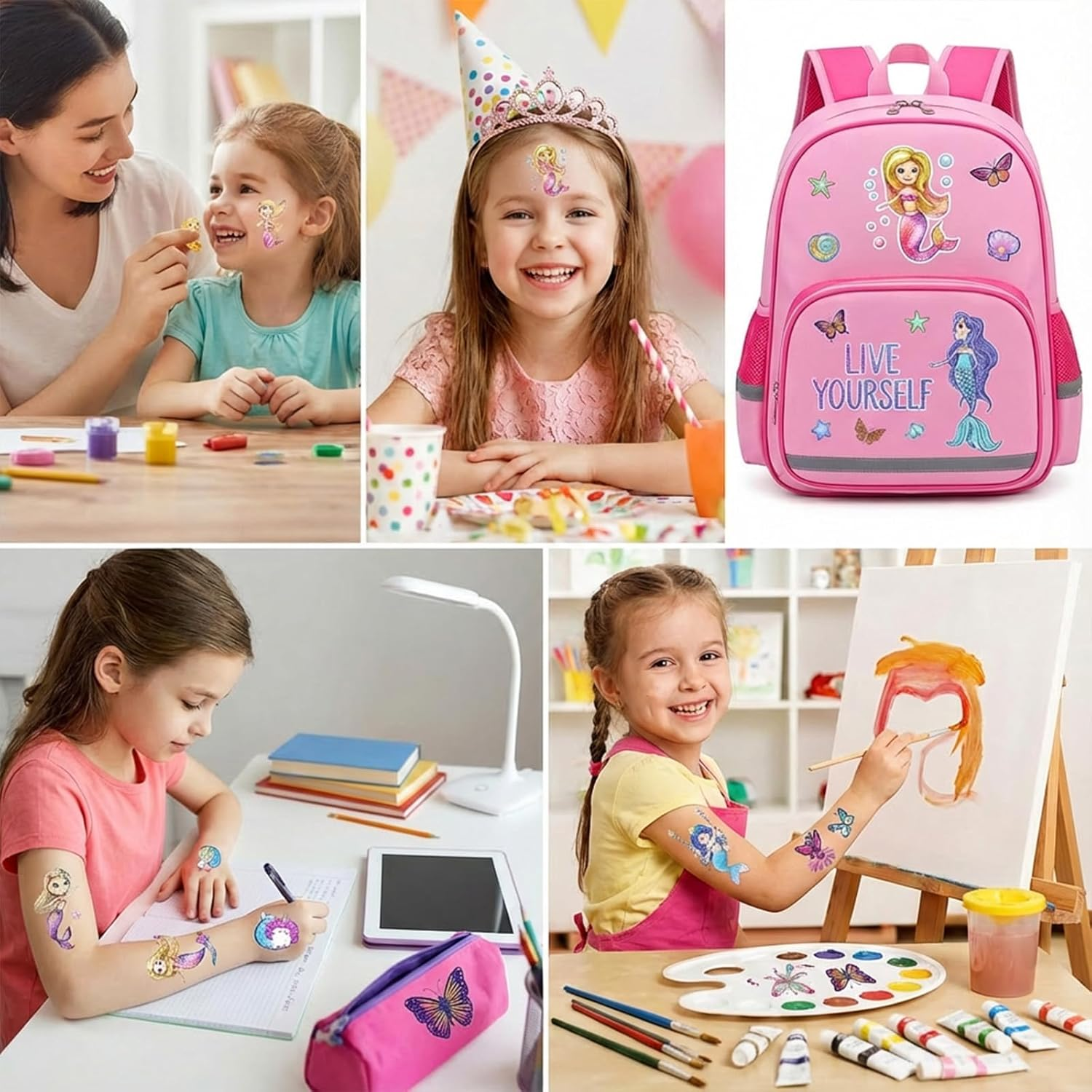 12 Sheets Glitter Temporary Tattoos for Kids | Cute Fake Tattoo Stickers with Butterfly, Mermaid & Fairy Designs - Waterproof Party Favors for Girls Boys Birthdays (Mermaid & Butterfly-Eg) - Mermaid  Butterfly-Eg image number 2