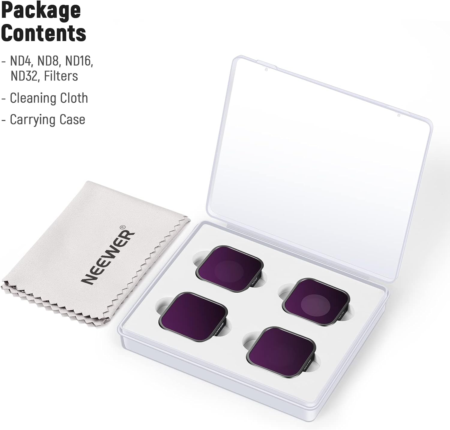 NEEWER 4 Pack Lens Filter ND Filter Kit Compatible with Gopro Hero 12 11 10 9, ND4/ND8/ND16/ND32 Multi Coated Neutral Density Lens Filters, HD Optical Glass/Aviation Aluminum Black Frame