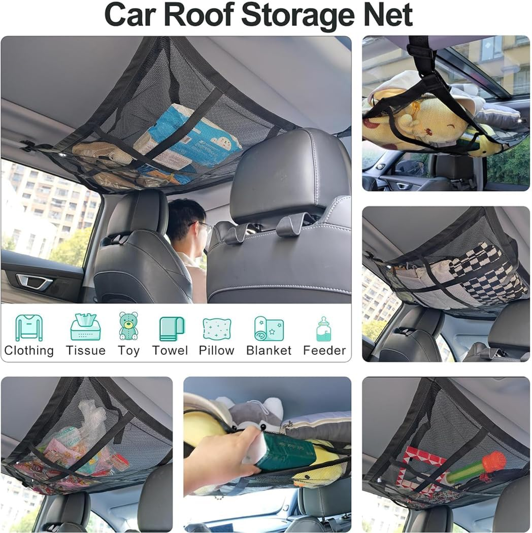 Idopick Car Ceiling Cargo Net Pocket, 80 X 55Cm Nine Grid Mesh Nine SUV Roof Organizer Long Trip Storage Bag,Tent Putting Quilt Towel Sundries Interior Accessories Car Roof Storage Organizer image number 4