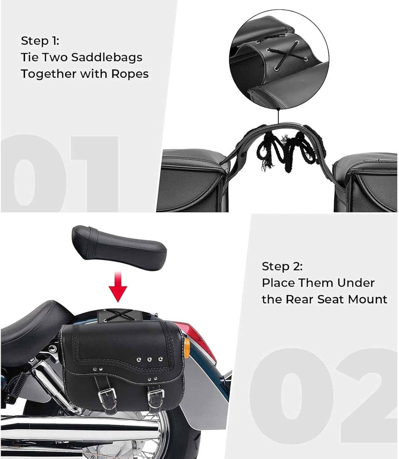 Motorcycle Saddlebags, 30L Large Capacity PU Leather Side Saddle Bags, Compatible with Motorcycle Dirt Bike Dual Sport Motorcross Motorbike Racing Mountain Off-Road, Black image number 2