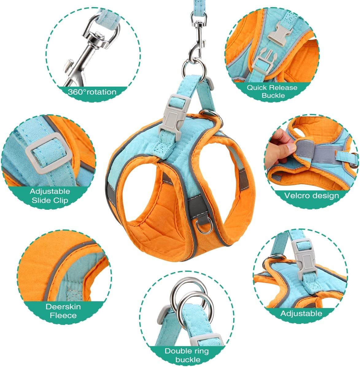 ORIA Pet Harness and Leash Set, Adjustable Dog Harness Cat Harness, Breathable Pet Vest, Reflective Strips Jacket for Walking, for Small Kitten, Puppy -Orange & Blue, XXS image number 1