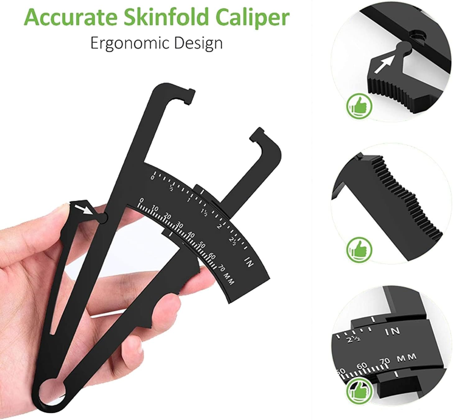 Body Fat Caliper &ndash; Professional Skinfold Caliper for Accurate Body Fat Measurement, Fitness & Weight Loss &ndash; Durable ABS Muscle Fat Tester for Men & Women &ndash; Portable Body Composition Tool (White) - Black image number 3