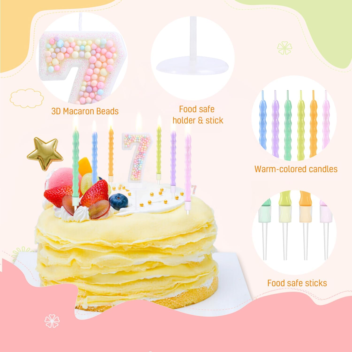 7 Birthday Candle Pastel with 6 Pcs Rainbow Pearl Candles, 3D Macaron Glitter Number 7 Candle for Birthday Cake Girl Women Sweet Theme 7Th Birthday Anniversary Party Decoration image number 5