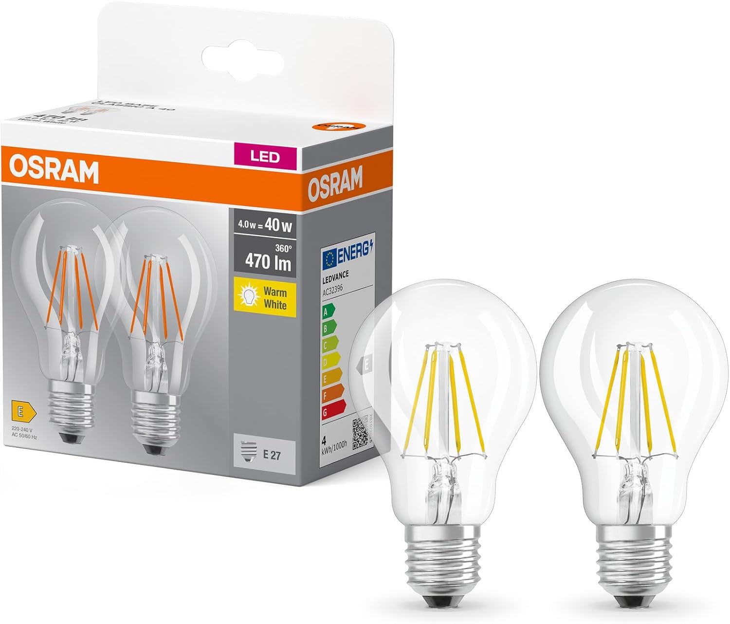 OSRAM Base Classic a FIL 40 LED Bulb with E27 Socket, Classic Bulb, Double Pack, 4 W, 470 Lm, 2700 K, Warm White Light, Low Heat Generation, Long Life, Low Energy Consumption image number 5