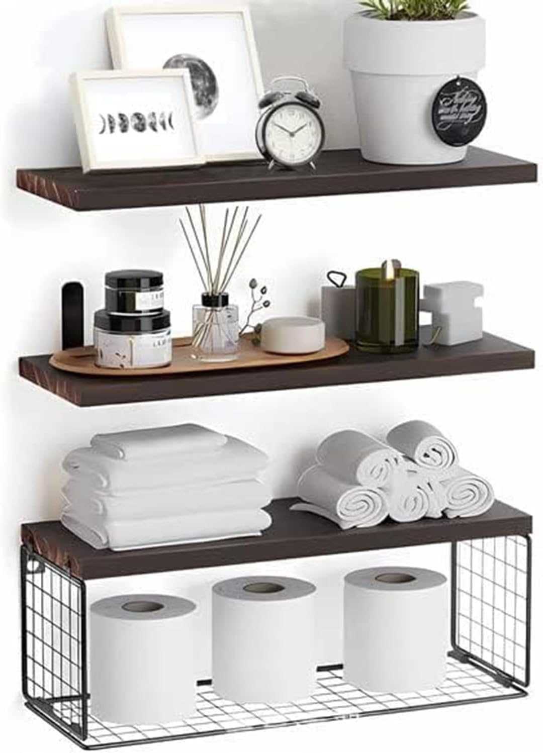 Floating Shelves Set of 3, Wall Mounted Shelf with Wire Storage Basket, Bathroom Shelves over Toilet, Wood Hanging Shelving for Bathroom, Bedroom, Living Room, Kitchen Decor image number 2