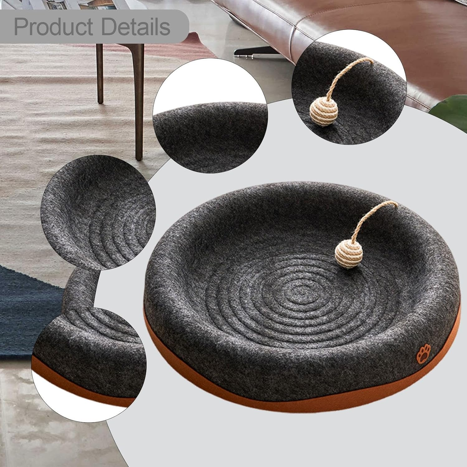 ＡＷＨＡＯ Indoor Cat Scratcher Bed with Dangling Ball, Breathable and Space Efficient, Black Round image number 5