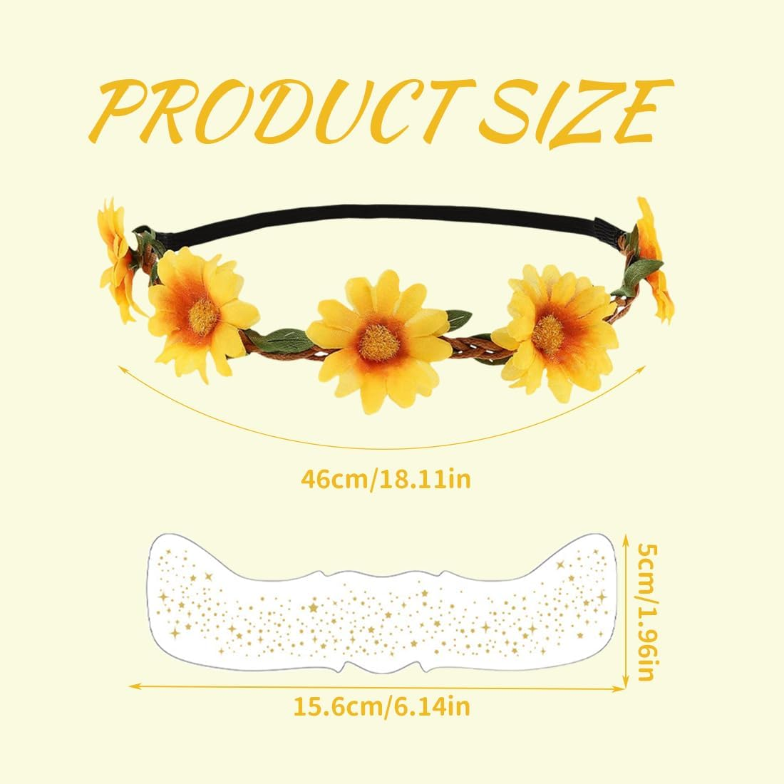 LQIOACU Pack of 2 Flower Wreath Sunflower, Headband Girls Spring, Sunflower Costume Women, Flower Decoration Hair, with 2 Children'S Tattoos image number 5