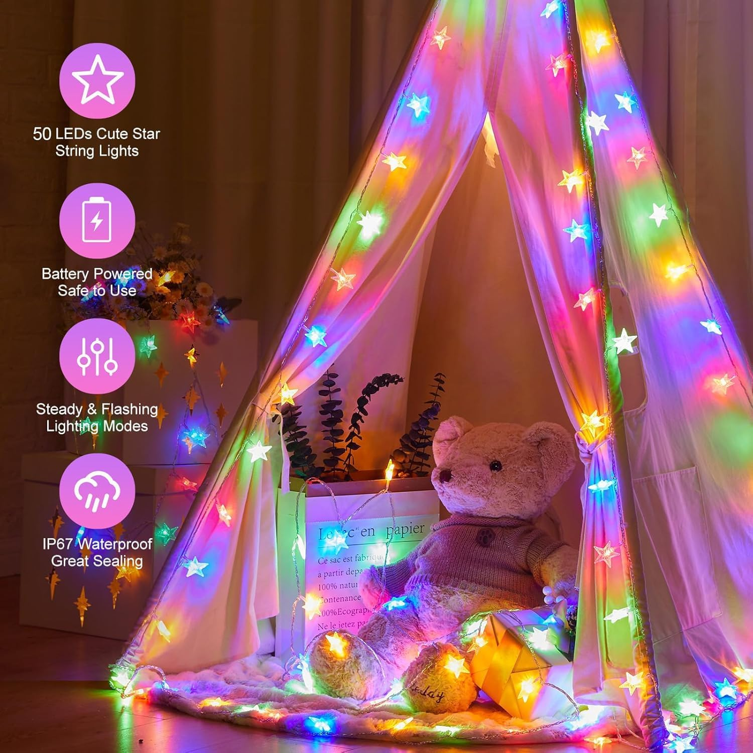 Star String Lights 20Ft 40 LED Battery Operated Fairy Lights with Timer Color Changing Waterproof Lights for Bedroom, Tent,Patio&Party Decor Indoor/Outdoor Christmas&Wedding Lights (Colorful) image number 4