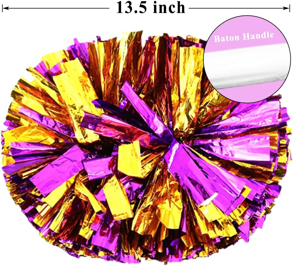 4 Pack Cheerleading Pom Poms,Metallic Cheer Pom Poms with Training Baton Handle for Team Sport Spirit Squad Bulk Cheerleaders(Purple and Gold)