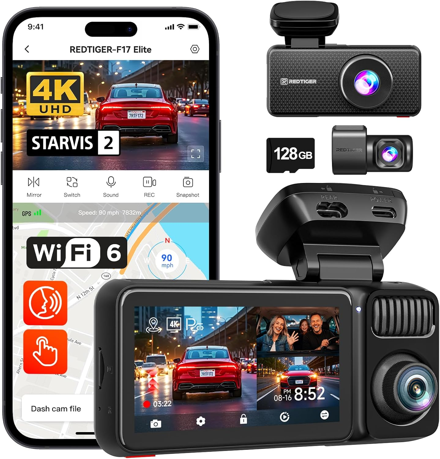 REDTIGER F17 Elite 4K 3 Channel Dash Cam, STARVIS 2 IMX678 & IMX675, 128GB Card, Full Night Color, 4K+2.5K+1080P Front and Rear Inside, Touch Screen, Voice Control, 5Ghz Wifi 6, GPS, HDR, Parking Mode image number 1
