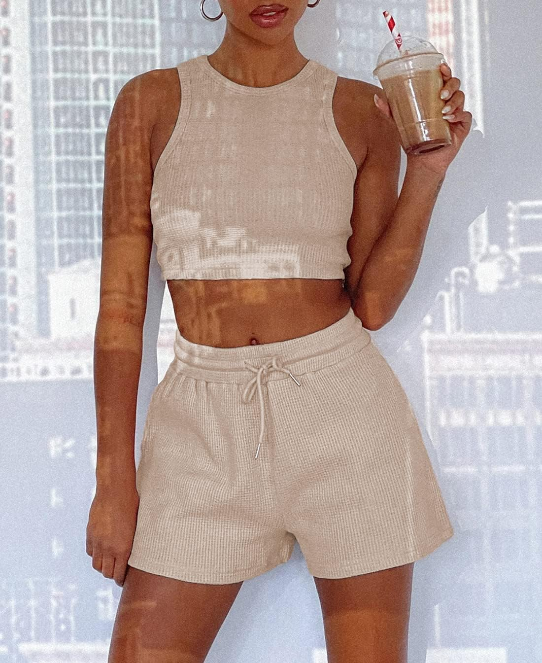 Lingswallow 2 Piece Women Lounge Sets - Sleeveless Crop Top and Shorts Waffle Lounge Set Tracksuits Sweatsuits for Women image number 7