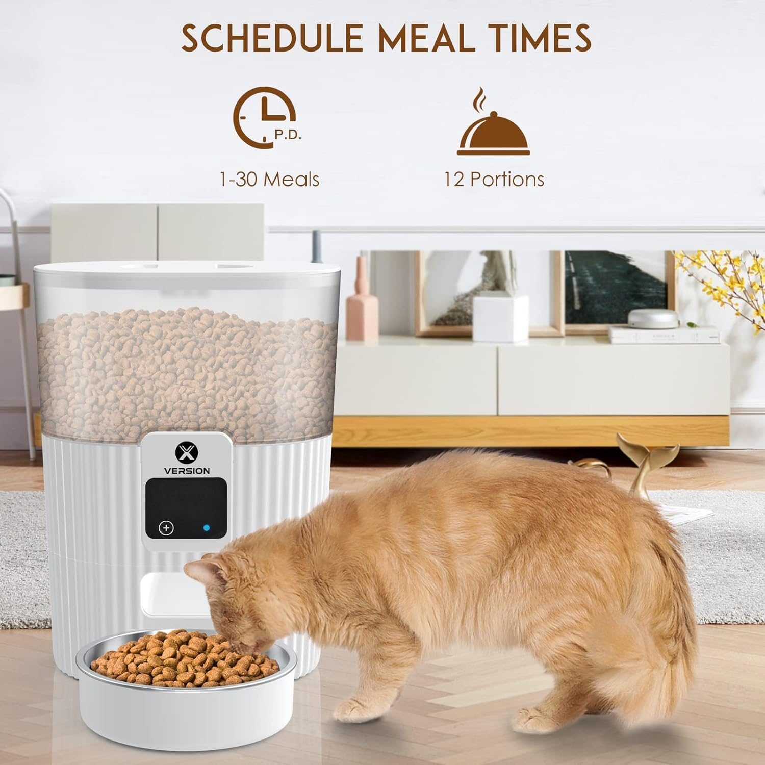Xversion Automatic Cat Feeders with APP: Wifi Pet Food Dispenser for Cat & Small Dog, Smart Timed Auto Pet Feeder, Portion Control- Battery and Plug-In Power up to 10 Meals per Day (15 Cup) - White
