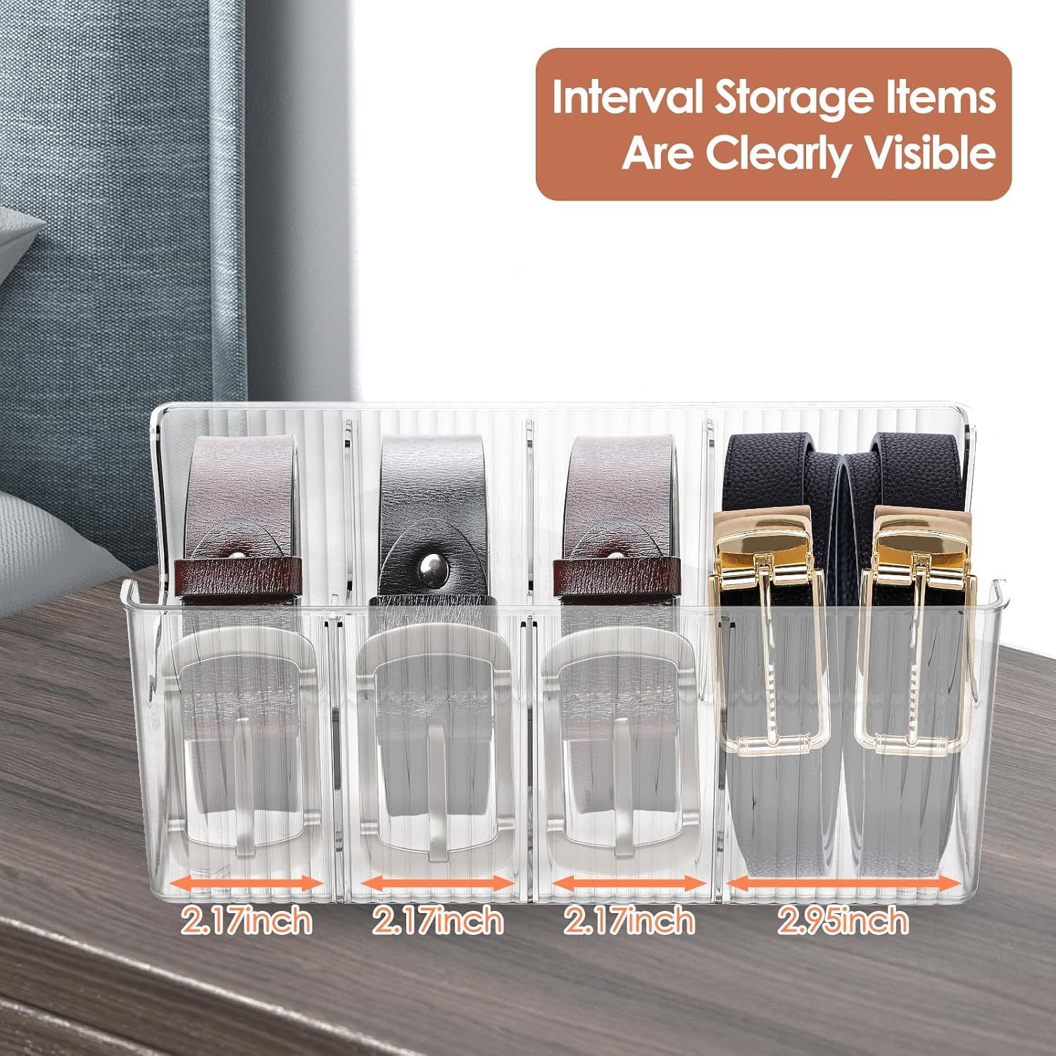 NIPUAEGO 2Pcs Belt Organizer Box, Space Saving Design Three Detachable Partition Belt Storage Case for Closet Dresser 26&times;13.5&times;10.5Cm image number 3