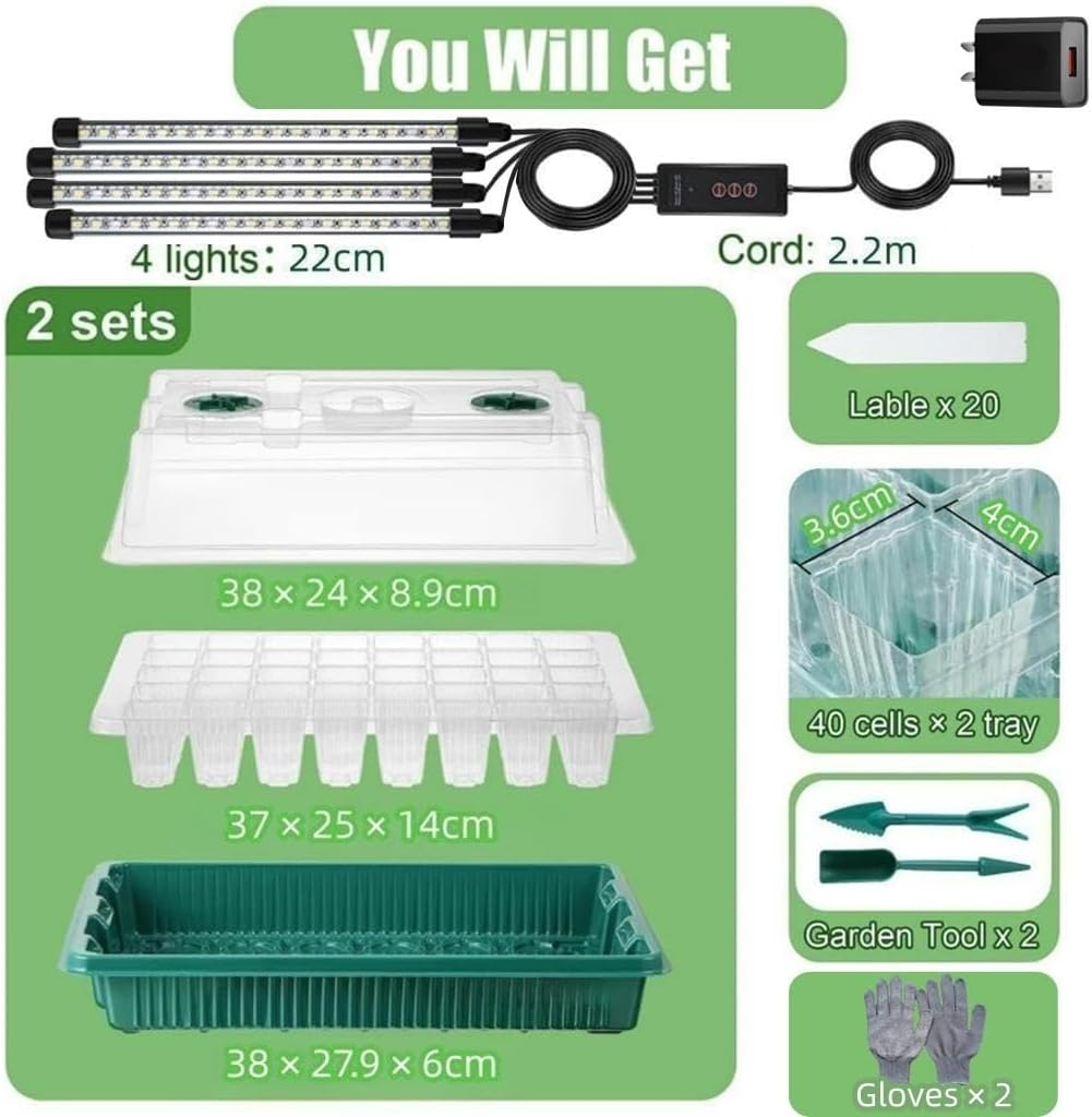 Kitment 2 Pack 80 Cells Seed Starter Tray with 4 LED Grow Lights, Seed Germination Kit, Plant Starter Trays with Humidity Dome and Smart Timer, Greenhouse Grow Kit for Seeds Growing Starting image number 3