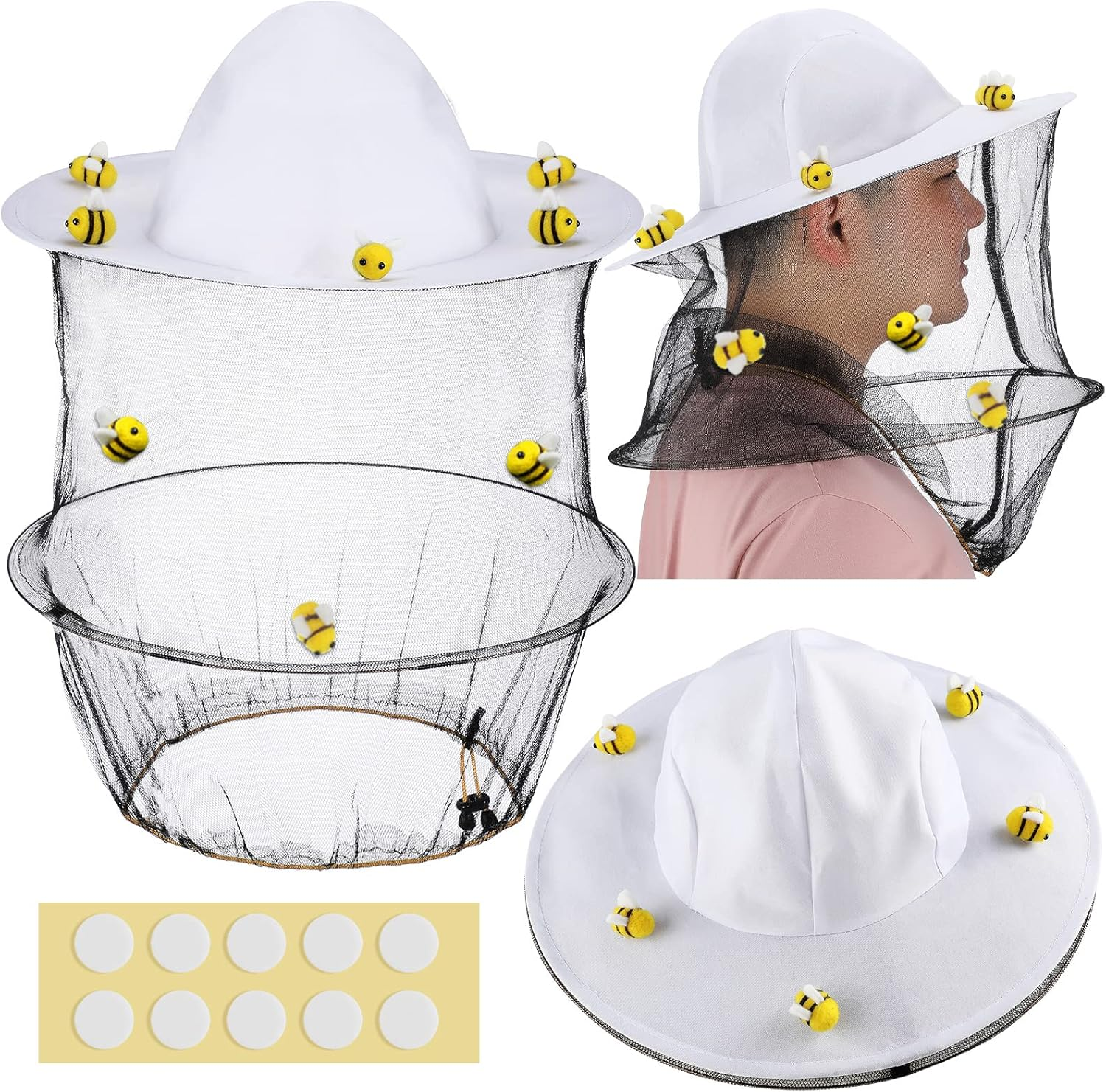 Unittype 22 Pcs Beekeeper Set Including 2 Bee Hat and Veil, 10 Wool Felt Bee, 10 round Double Sided Tape Beekeeping Helmet Bug Insect Hats with Netting for Beekeeper Catcher Halloween Costume image number 4