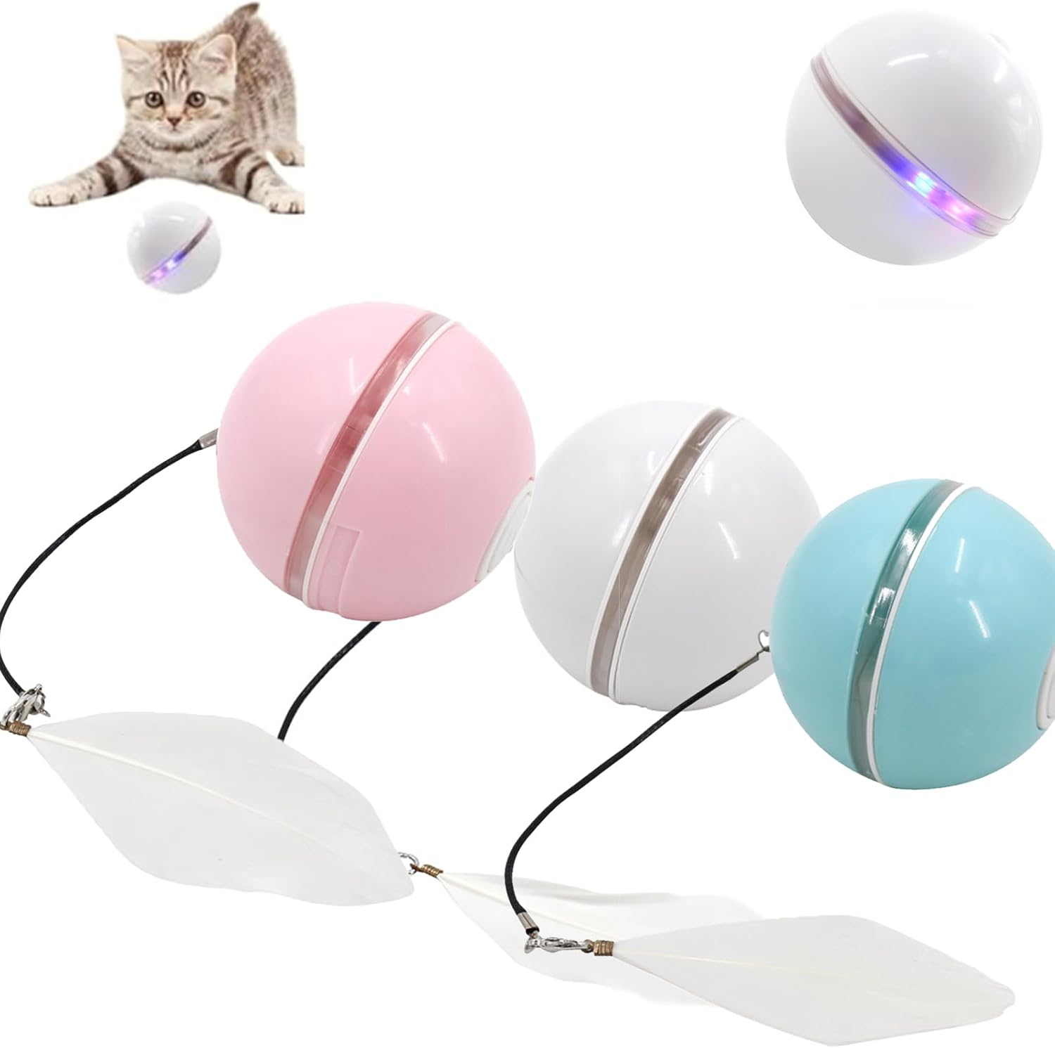 Automatic LED Intelligent Cat Ball, Automatic Rolling Ball with Feather and Lights, Rechargeable Cat Toy with Smart Sleep Mode, Smart Cat Hunting Toy, USB Charging Moving Cat Ball (White)