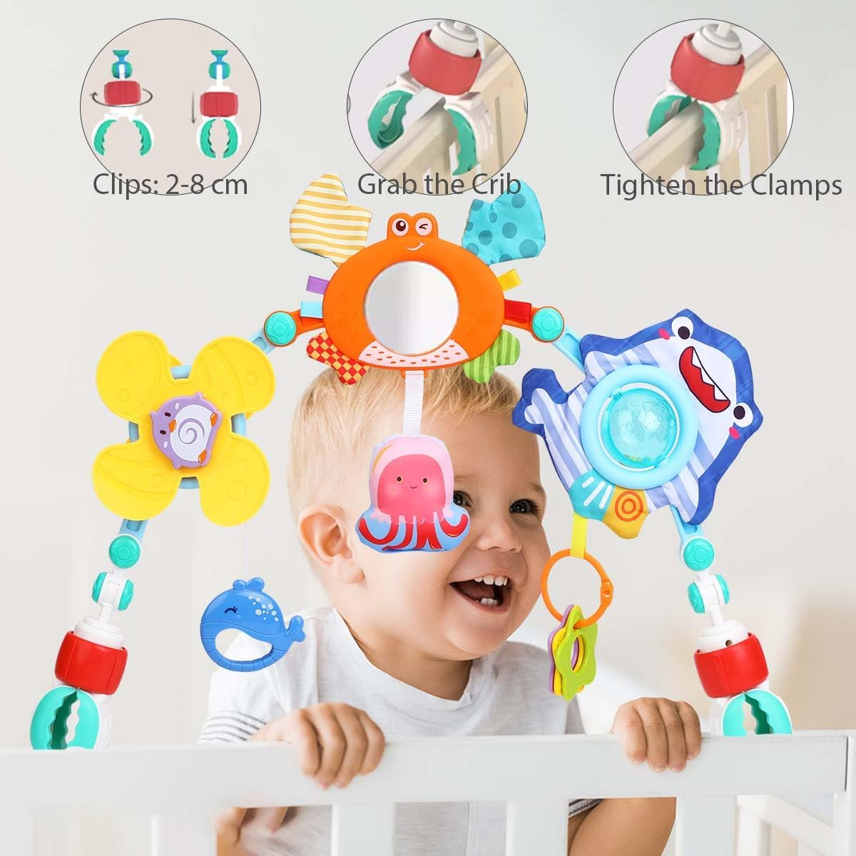 Baby Stroller Arch Toy, Adjustabel Car Seat Toys with Sensory Toy, Activity Arch Travel Montessori Toy for Crib ＆ Bassinet, Early Educational Learning Toy for 0-24 Months Boys and Girls image number 4