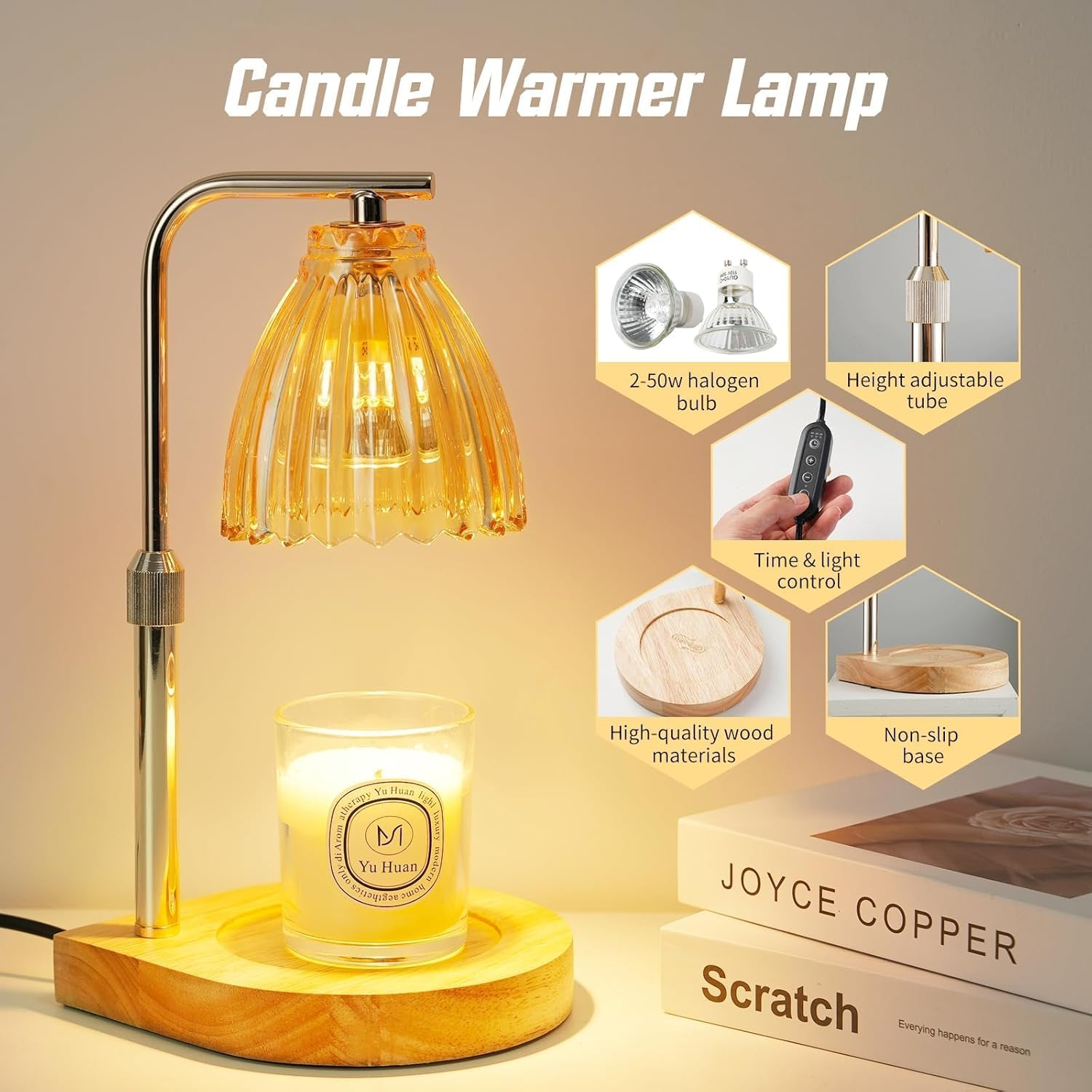 Candle Warmer Lamp, Candle Warmer with Timer Dimmer Height Adjustable, Lamp Wax Warmer with 2 Bulbs,For Wife Girlfriend Mom,House Warming Gifts New Home Gifts,Warm Yellow