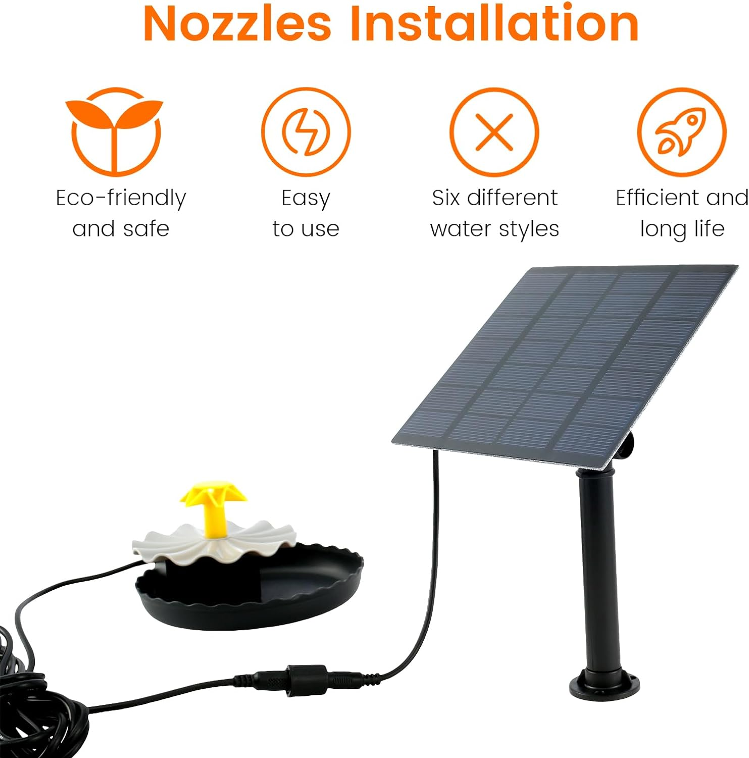 DIY Solar Fountain Pump Kit，With 6 Noz Zles and 7.6Ft Power Cord and Panel, Fountain Water Pump for Bird Bath Fish Pond Outdoor Patio Pool image number 4
