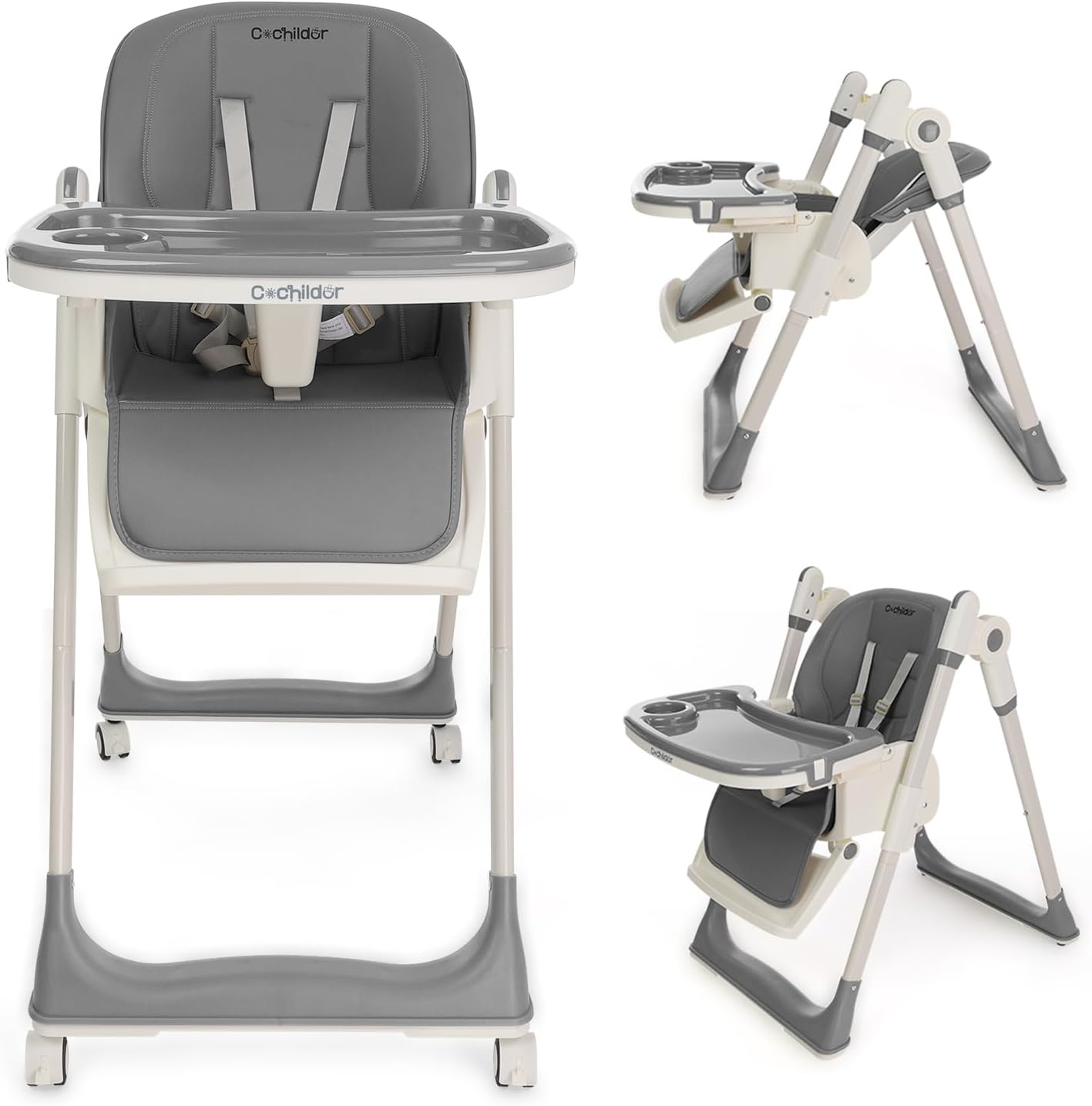 Cochildor 3 In1 High Chair, Easy Clean Foldable Highchair with Adjustable Height, Reclining Mode, 5-Point Safety, Removable Tray, Lockable Wheels, Washable Cushion, Idealfor Babies & Toddlers, Grey