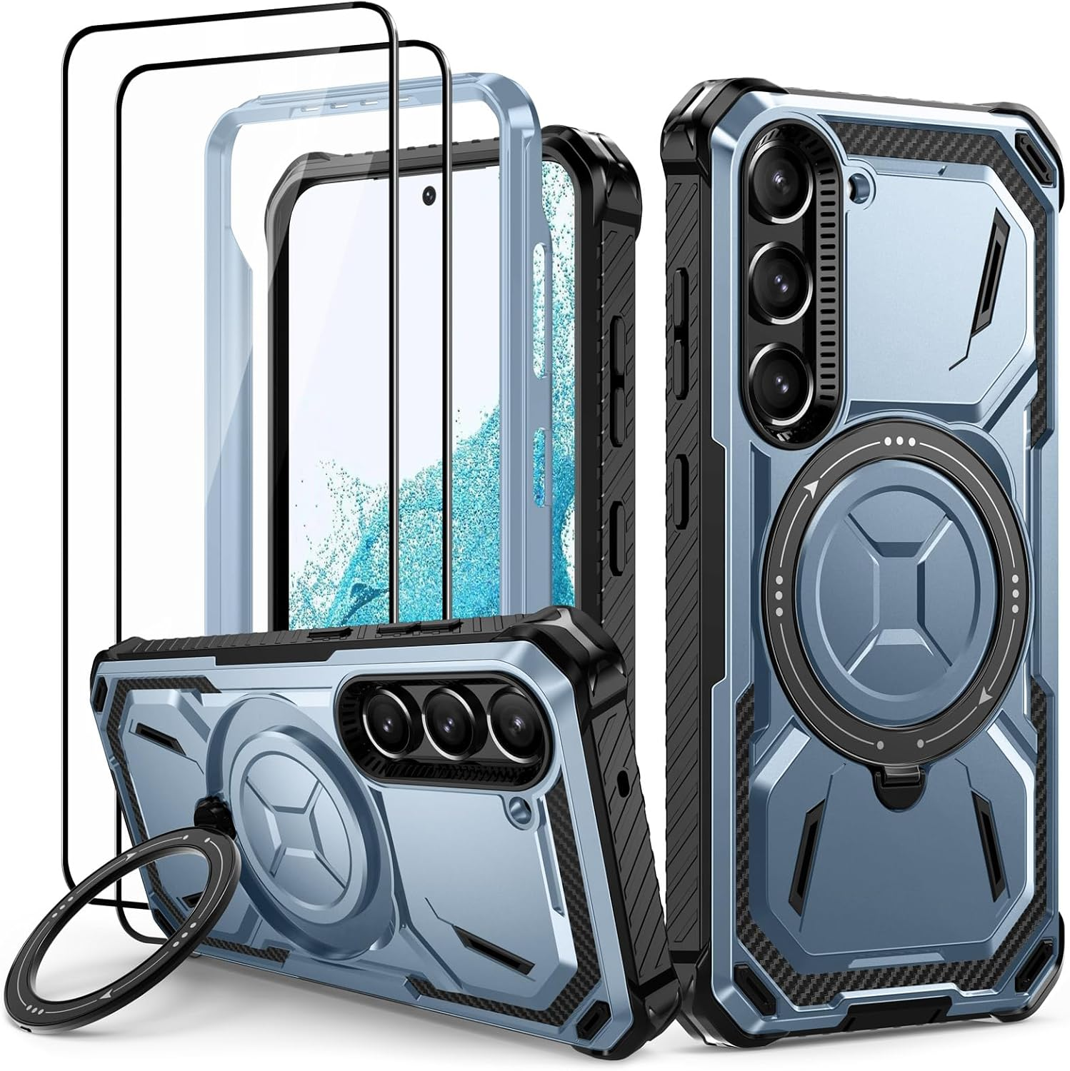 Lanhiem Case for Samsung Galaxy S22 with 2 Pieces Tempered Glass, 360&deg; Ring Stand Protective Case, Military Shockproof Mobile Phone Case for Samsung S22, Blue image number 5