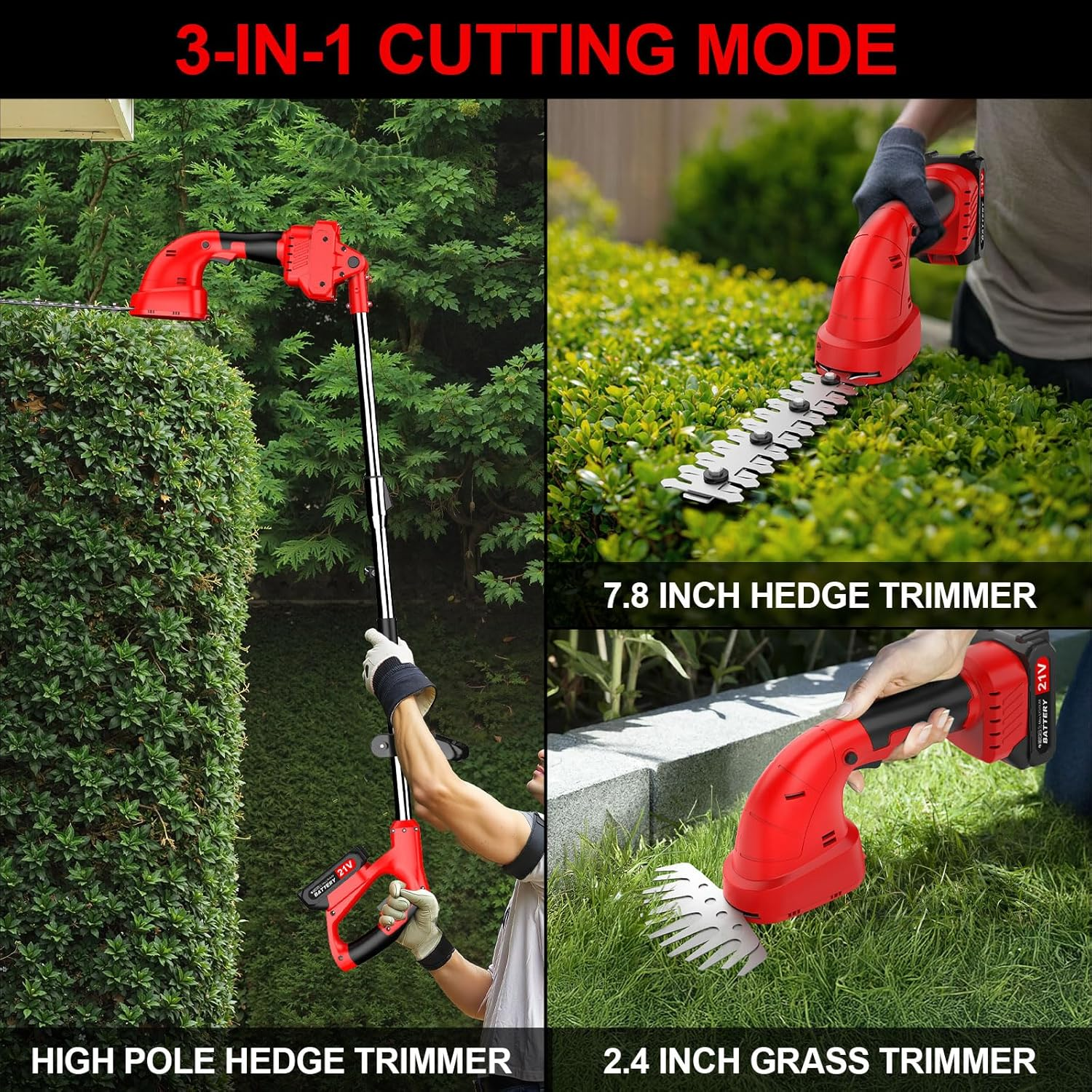 Lmozim 3-In-1 21V Pole Mini Hedge Trimmer & Grass Shear, 8Inch Cutting Blade, 2 * 2.0Ah Batteries Electric Hedge Trimmer with 5Ft Extension Pole, Cordless Hedge Clippers Multi-Angle for Garden, Lawn image number 5