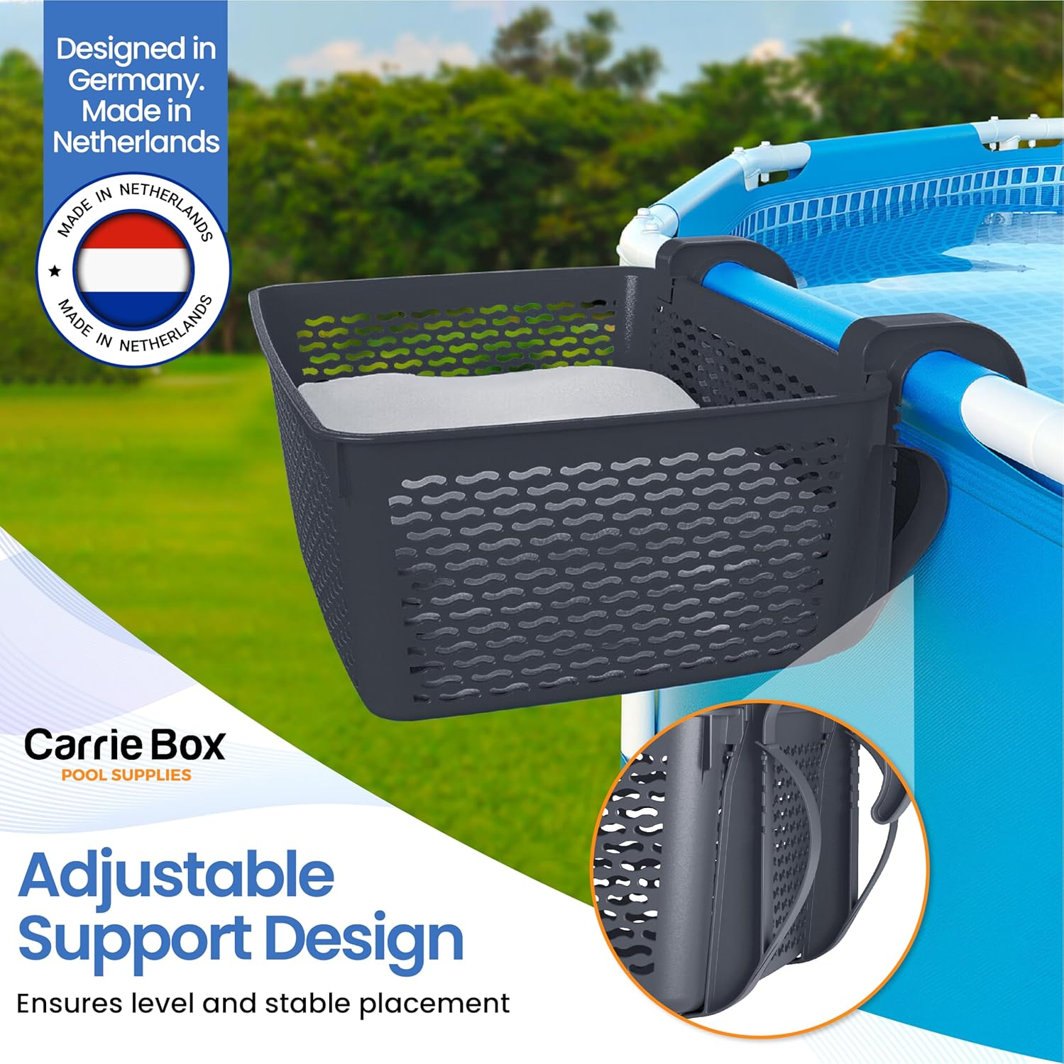 Carrie Box Poolside Storage Basket, Recycled Plastic, Pool Cup Holder, above Ground Accessories, for Most Frame Pools, Europe Made, Fits 2.3 Inch or Less Top Bar Charcoal - Blue image number 6