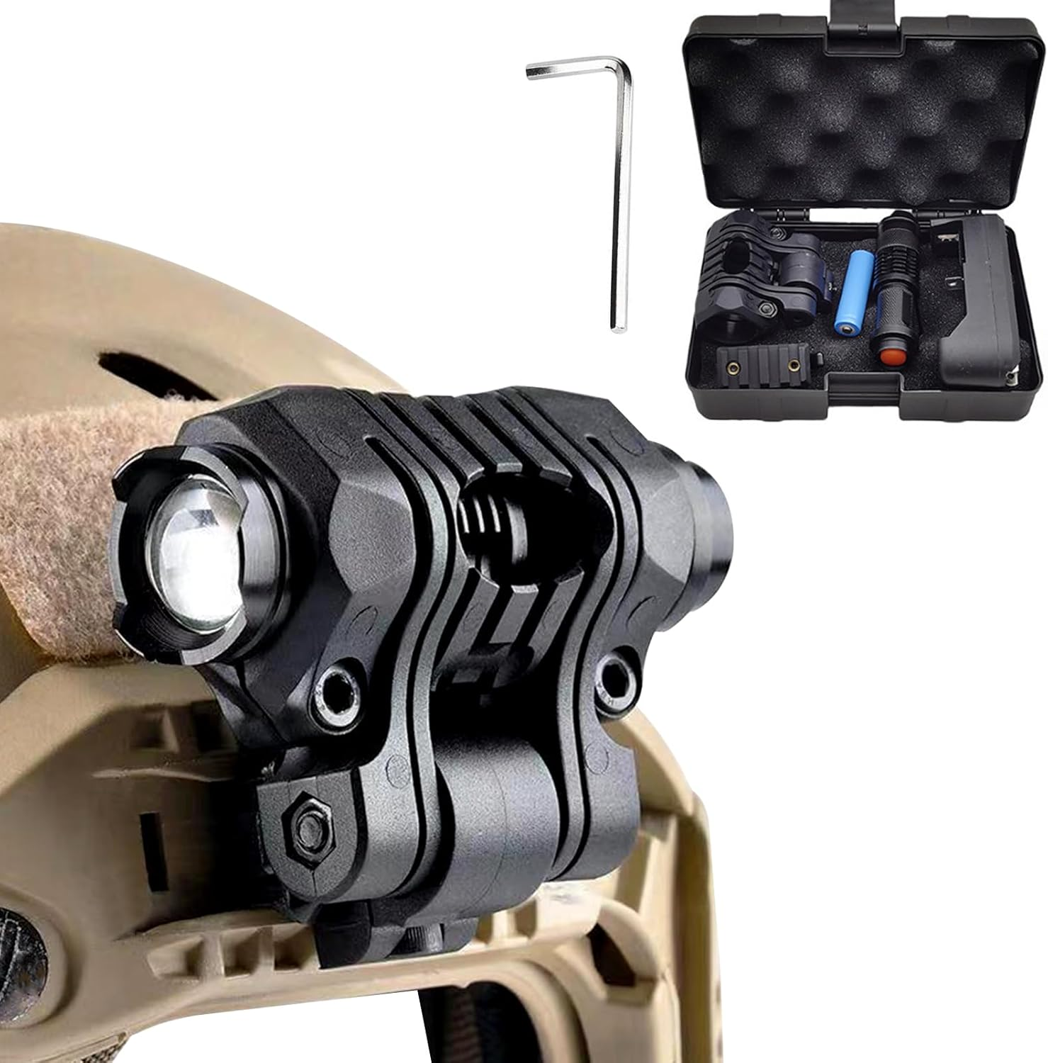 Tactical Helmet ARC Rail Light with Mount LED Mini Zoomable Helmet Flashlight with Strobe/Strong/Low Lamp 200 Lumens, Pocket Pen Flashlight with 20Mm Picatinny Rail Mount Storage Box Charger