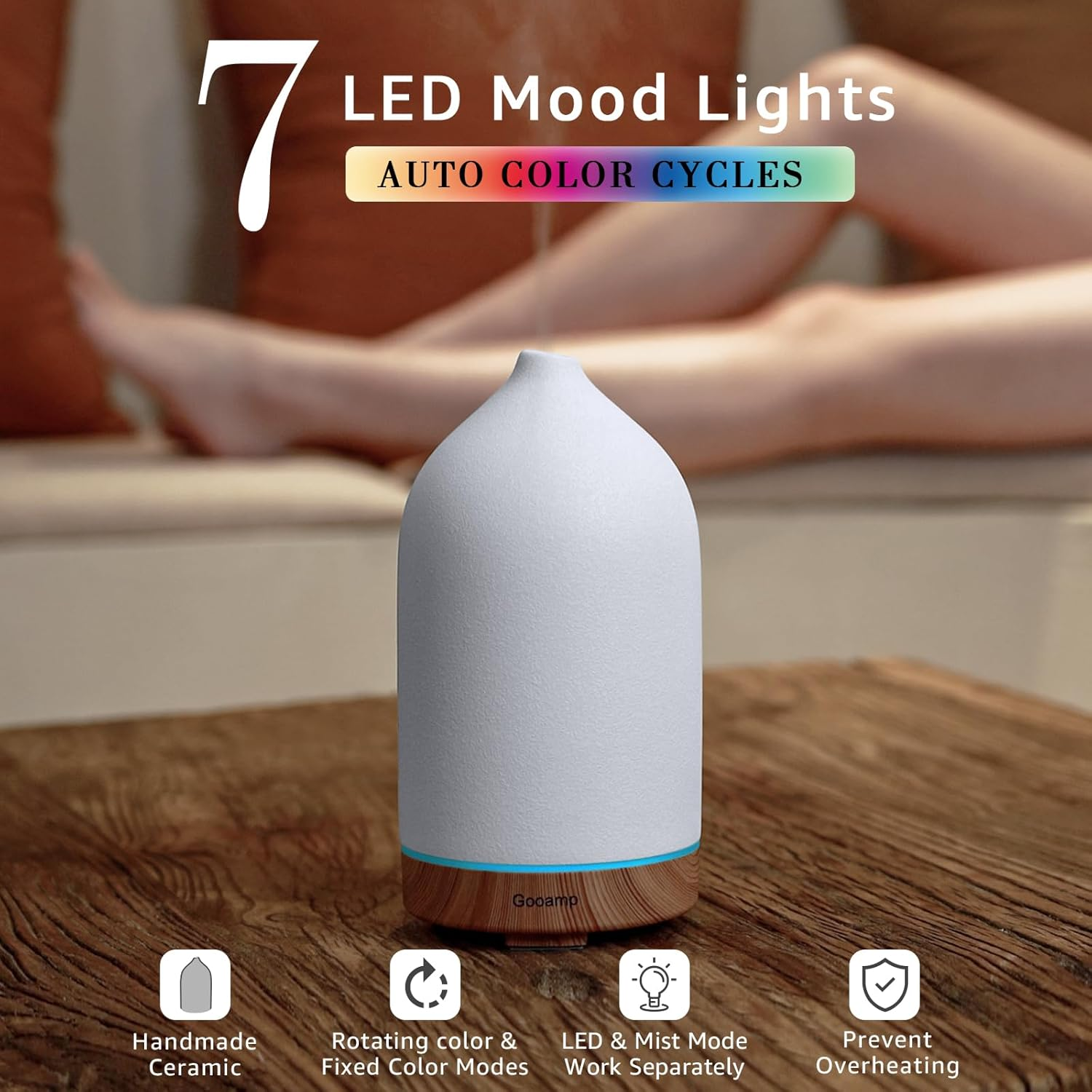 Gooamp 200ML Ceramic Diffuser,Aromatherapy Diffuser,Essential Oil Diffuser with 7 Color Lights Auto Shut off for Home Office Room,Wood Grain Base (1/3/6/ON Hrs Working Time), TC-202-200ML - Black image number 3