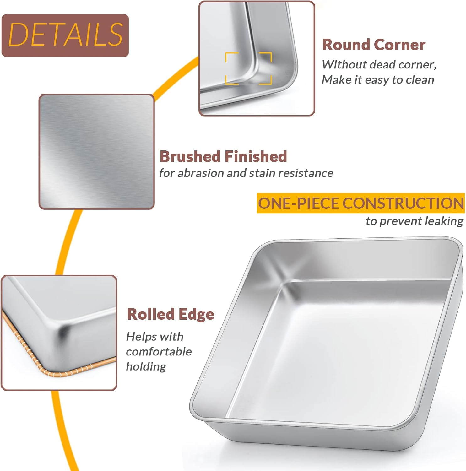 6/8/9-Inch Square Cake Pan Set, E-Far Stainless Steel Square Baking Brownie Pans Metal Bakeware Set of 3, Non-Toxic & Healthy, Easy Clean & Dishwasher Safe image number 6