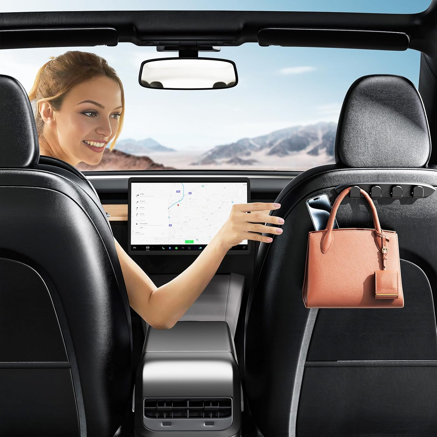 OATSBASF Tesla Model Y/3 Seat Hooks - 2 Pack Headrest Organizer, Car Bag & Purse Hanger