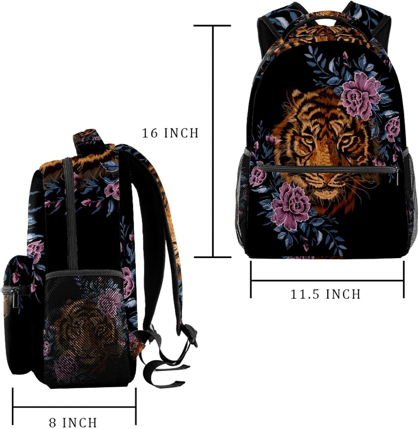 Floral Pattern with Tiger Head Ethnic Flowers Backpack Students Shoulder Bags Travel Bag College School Tote Backpacks image number 5