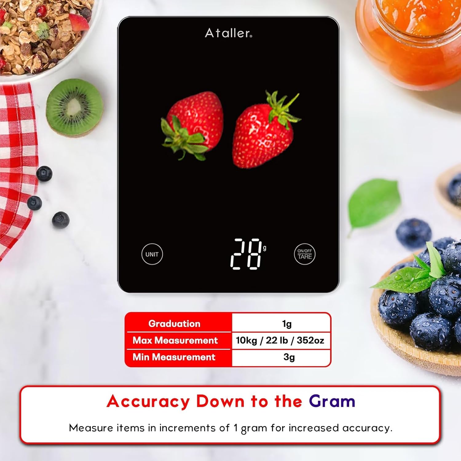 Ataller Digital Food Scale, Tempered Glass Panel, 10Kg/22Lb Capacity, Kitchen Weighing Scales with LED Display and 1G Increments for Baking, Cooking, Keto and Meal Prep, Black