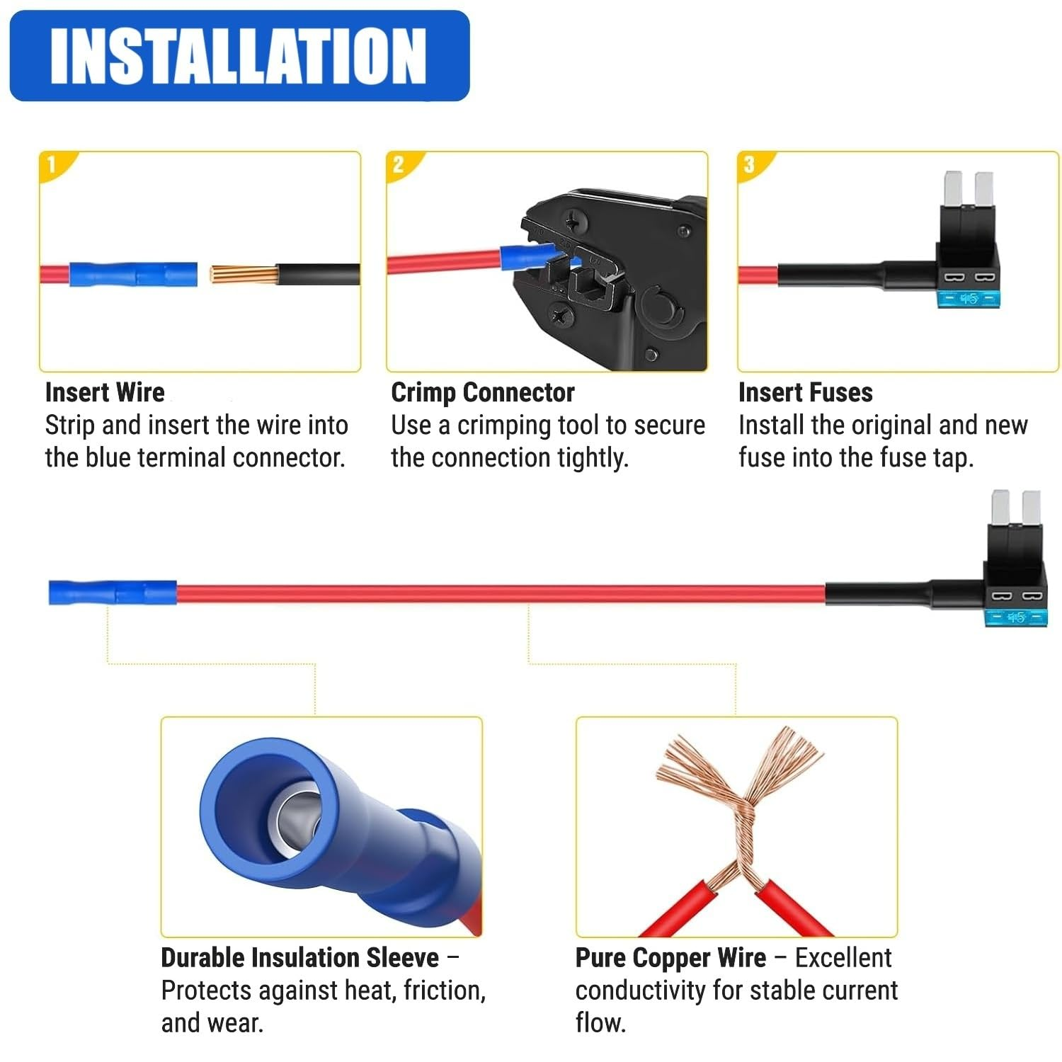 Ozchillon 5 Pack Mini Add-A-Circuit Fuse Tap Kit with Blue Terminal &ndash; 12AWG Piggyback Fuse Holders for Car, SUV, Ute, Truck, 12V Accessory Installation Kit Mini APM ATM Blade Fuses (5, 30AMP) image number 4