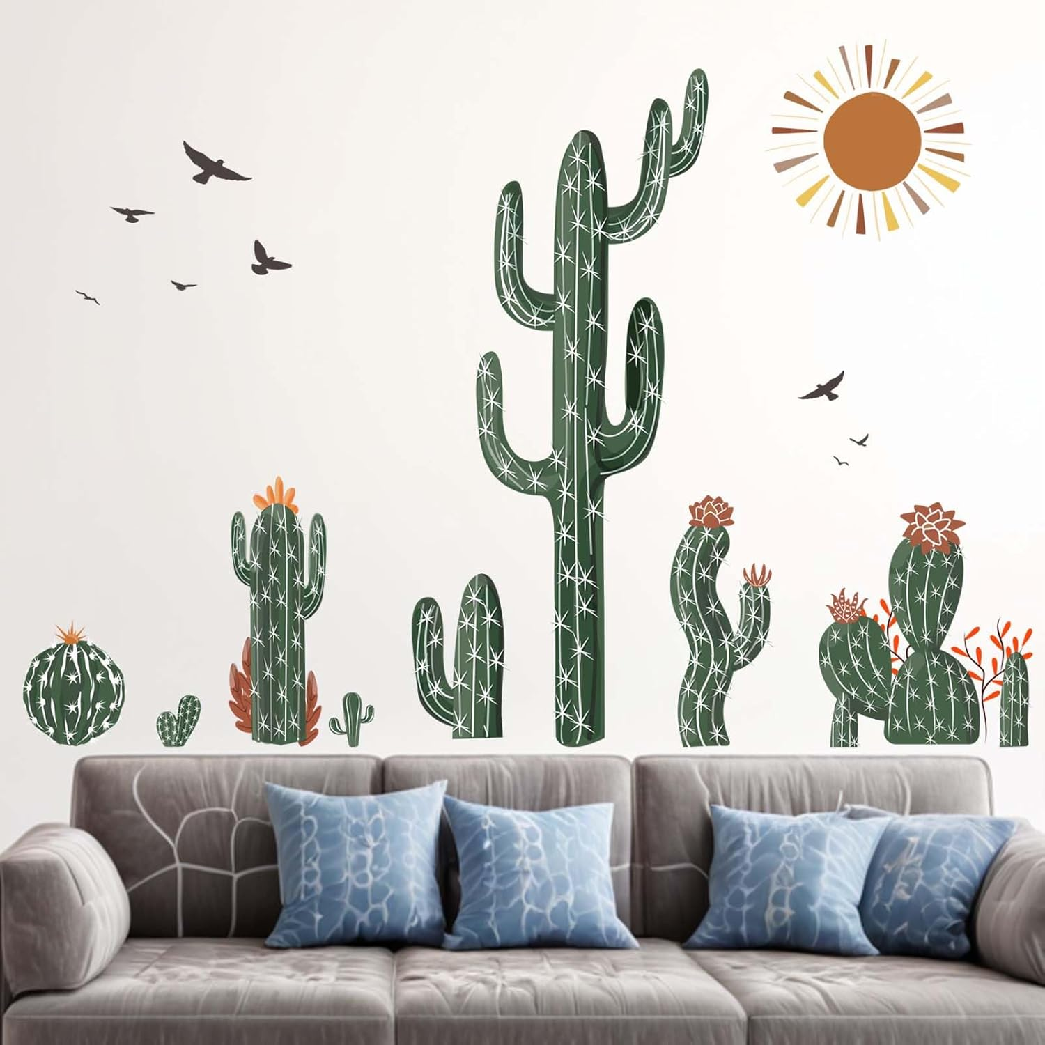 Amimagen Boho Cactus Wall Stickers - Green Plants Tropical Desert Cacti Wall Decals - Bedroom Living Room Sofa TV Background Home Wall Decor image number 1