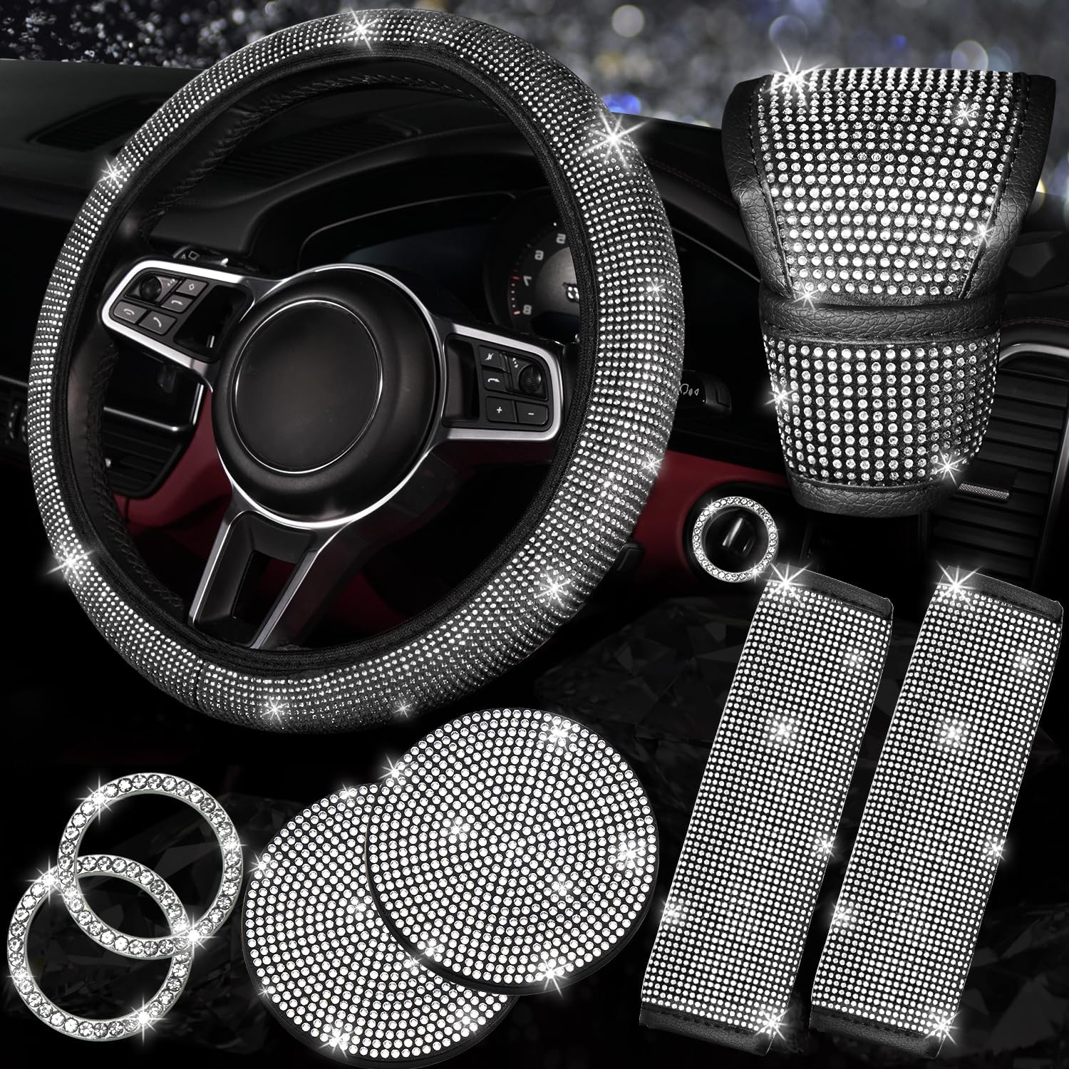 NBTEPEM 8 Pcs Bling Car Accessories Set for Women, Steering Wheel Cover, Sparkly Seat Belt Covers, Bling Gear Shift Cover, Universal Fit Most Cars (Silver Diamond) - 12Pcs Blue image number 5