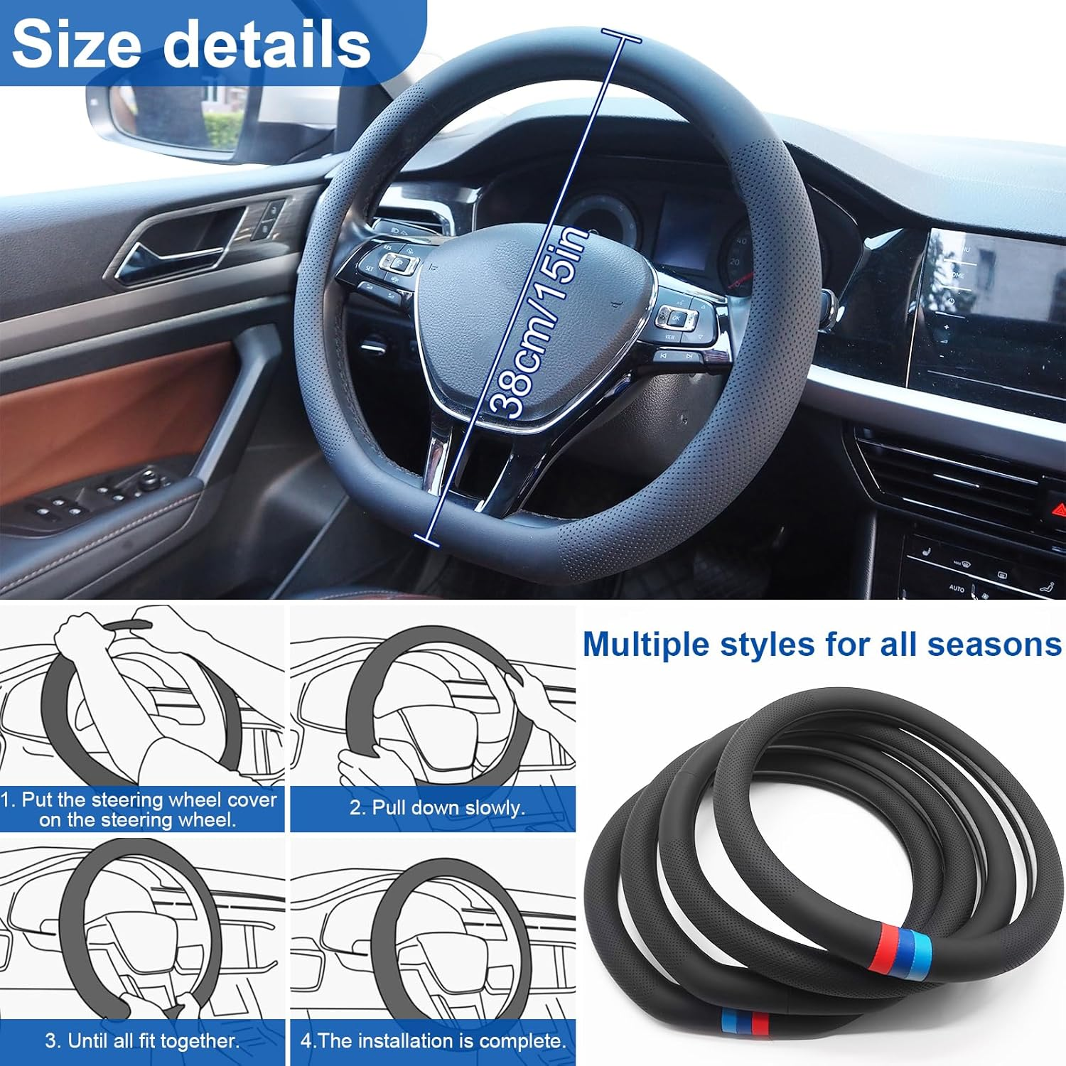 Nappa Leather Car Steering Wheel Cover for 14-15 Inches, Anti-Slip Soft Leather Steering Wheel Cover Full Surround, Universal Breathable O-Shaped, D-Shaped Steering Wheel Protector (Black-D Shaped) image number 4